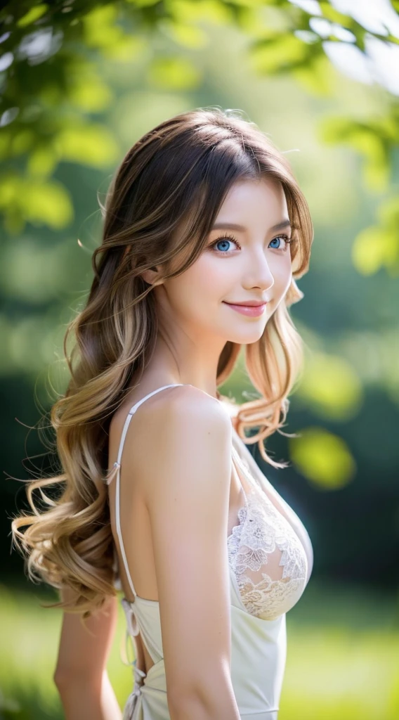 American white woman with unparalleled looks、dark blonde、hair tied with a ribbon、Hair is wavy、The ends of the hair are curled、blue eyess 、A slender、Out of focus background of open meadow in the forest、The sun filtering through the trees is beautiful、a smile、Looking at the camera、Slender but well-proportioned body with large breasts、Posing like a model、Raking up hair、There must be space above the head、Breast bare、Very high definition、Wearing black lace clothes