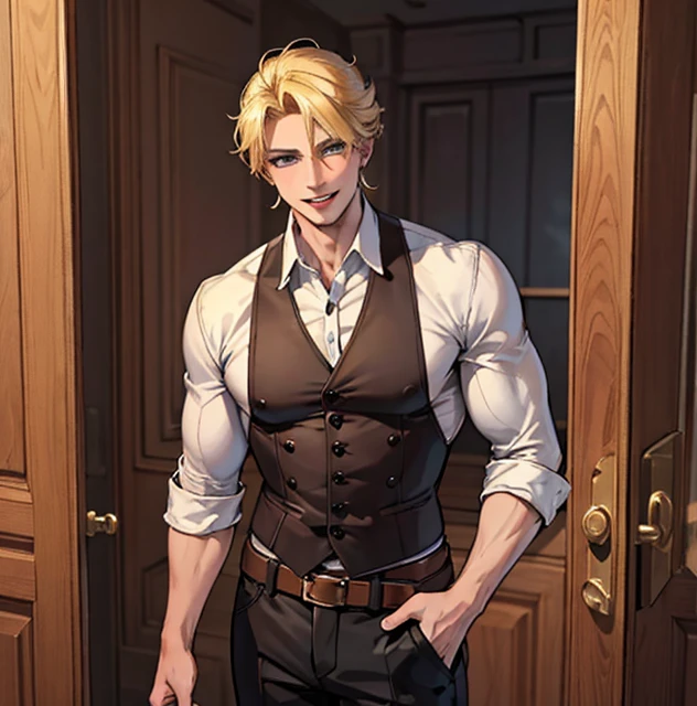 Nikolai is 22 years old, he has tanned skin, golden hair, shaved on one side and styled on the other, light brown eyes and slightly hooked nose, he has a beautiful face, outlined by the features of a fairy-tale prince;. He is described as extremely charming, handsome and smiling; no shirt , devil, vampire, fangs