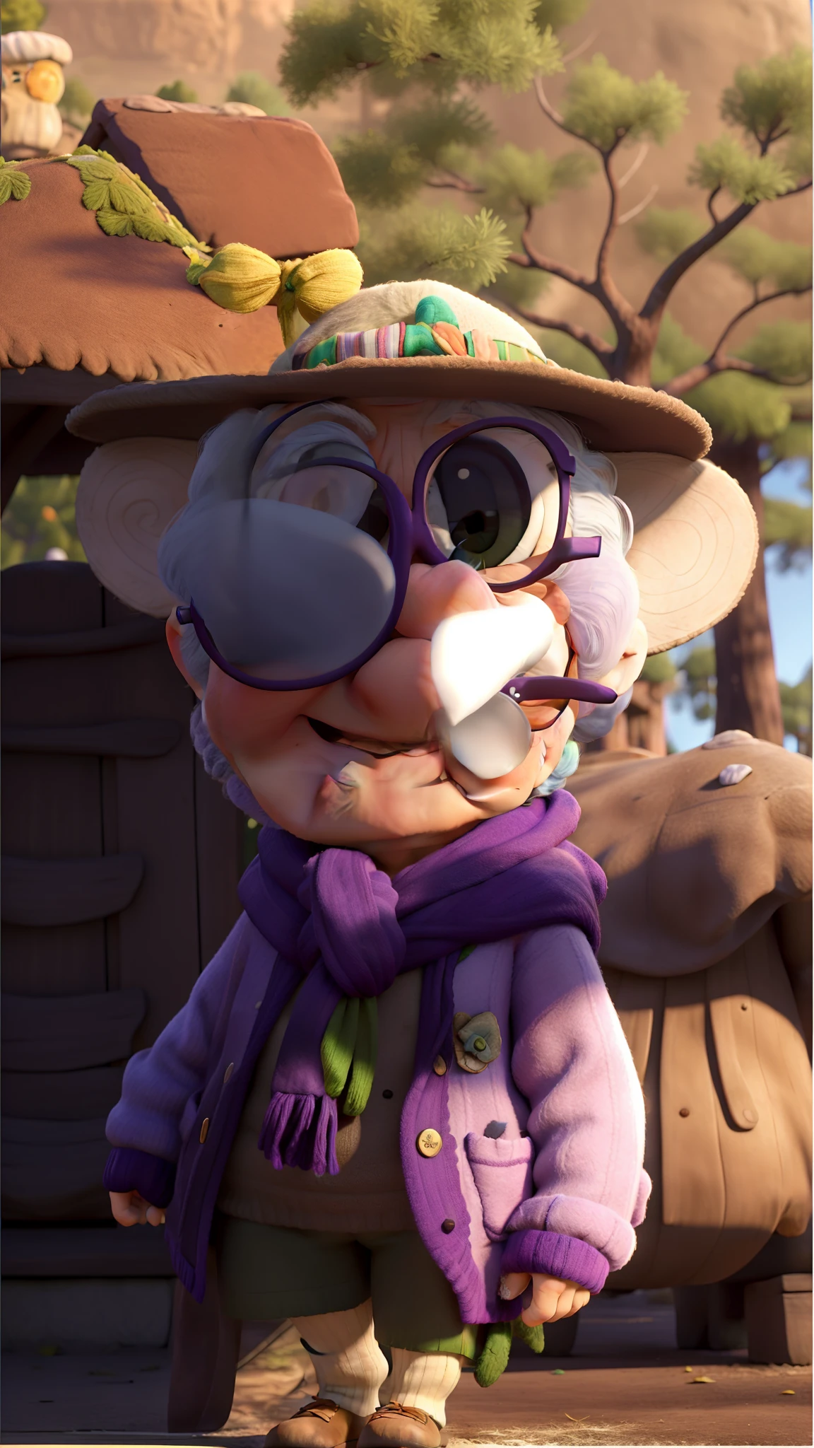 masterpiece, best quality, an old woman with glasses and a scarf on, wearing a purple coat and green scarf, standing at the park