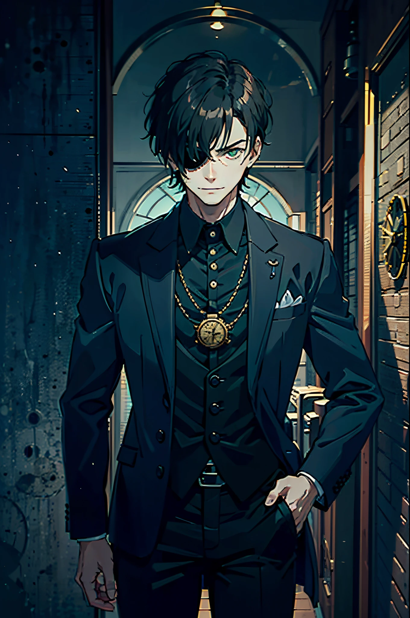 young man, dwarf, dark short hair, pointed facial features, one green eye, eyepatch, strict suit, evil smile, (((sinister aura))), gears on the background, holding a pocket watch in his hand
