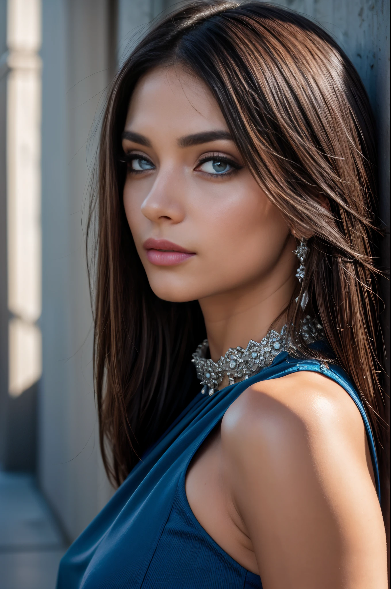 , un retrato realista de s401rs3r0n4n con ojos azules y peinado rubio, Cabello largo, Mirando al espectador, vestido, jewely, Parte superior del cuerpo, collar, labios, realista, Soft lighting, Professional Photography, fotorrealista, ojos detallados,...