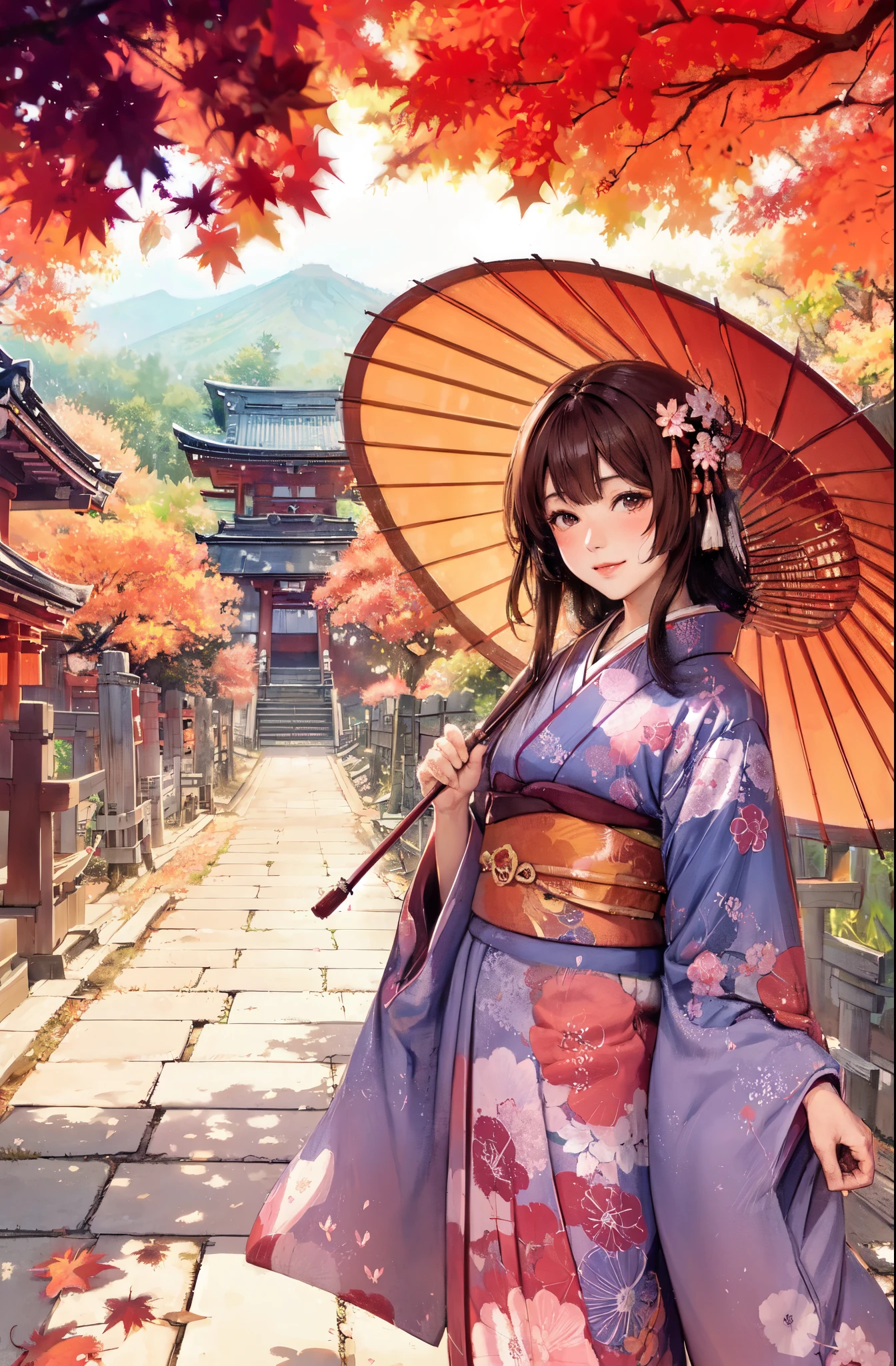1lady standing, /(colorful kimono/), mature female, /(brown hair/) bangs, blush light smile, (masterpiece best quality:1.2) delicate illustration ultra-detailed BREAK holding a (Japanese umbrella) BREAK /(Japanese shrine in Kyoto/), /(trees autumn foliage/), /(bricks road/)
