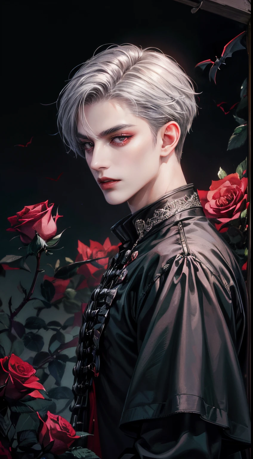 ((4K works))、​masterpiece、（top-quality)、((high-level image quality))、((Vampire Black Y-Shirt Fashion))、(Detailed beautiful eyes)、((Red roses and crows on fantastic black background))、Evil Castle、((Wild boy with short silver hair and red eyes.))、((Korean makeup with black eyeshadow))、((elongated and sharp eyes))、(((Shot alone)))、((Vampires))、dark ilumination、((Looking at Viewer))