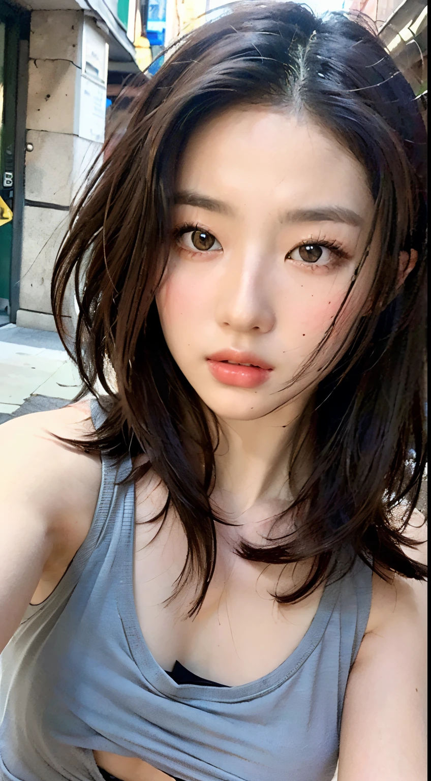 ((Best quality, 8k, Masterpiece :1.3)), Sharp focus: 1.2, Perfect Body Beauty: 1.4, Slim Abs: 1.2, ((Layered hairstyle: 1.2)), (Tank top shirt:1.1), (Street: 1.2), Highly detailed face and skin texture, Fine eyes, Double eyelids