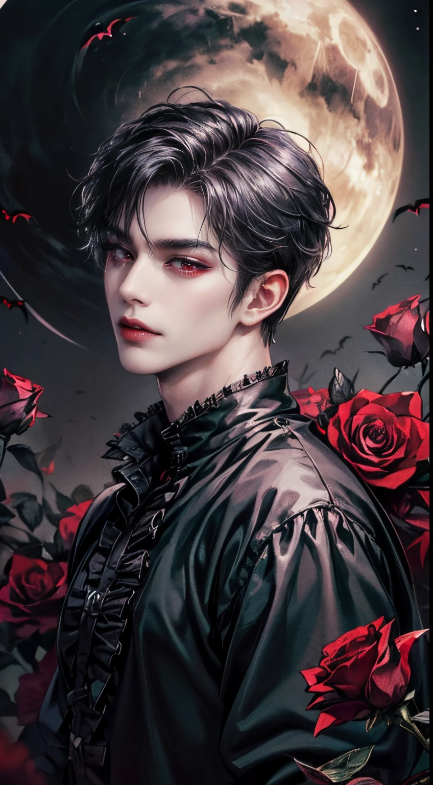 ((4K works))、​masterpiece、（top-quality)、((high-level image quality))、((Vampire Black Y-Shirt Fashion))、(Detailed beautiful eyes)、((Red roses and crows on fantastic black background))、Inside the Evil Castle、((silver short haired man))、((Red Eyes))、((18year old))、((wild boy))、((Korean makeup with black eyeshadow))、((elongated and sharp eyes))、(((Shot alone)))、((Vampires))、dark ilumination、((Looking at Viewer))