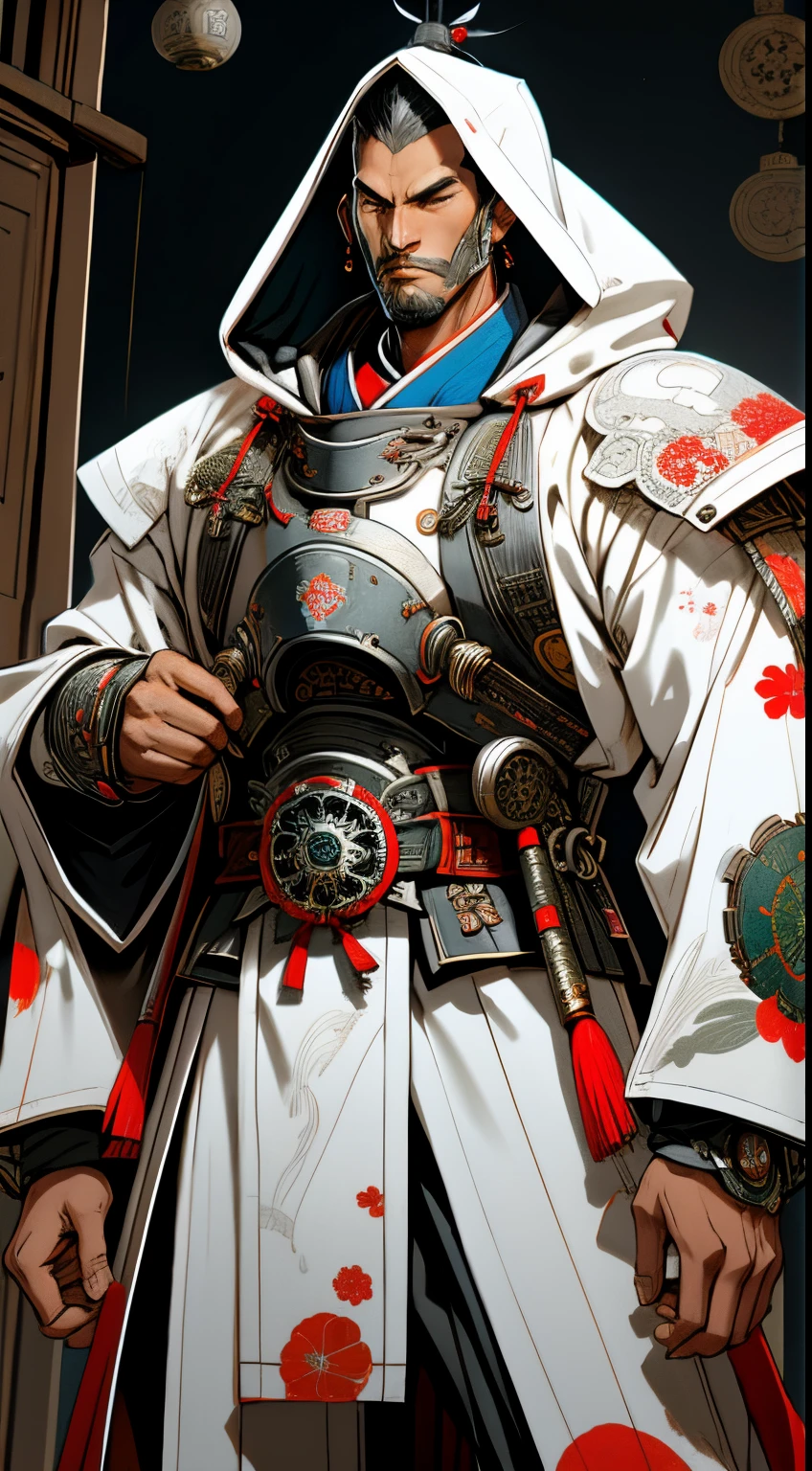 A futuristic samurai knight in white armor and oriental fabric clothing, hood and gears