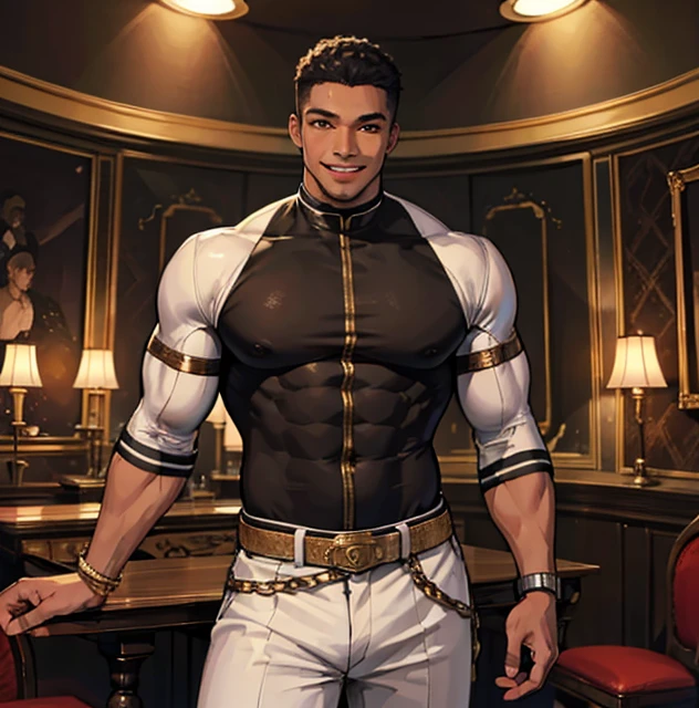 masterpiece,best quality,ultra-detailed,high resolution,extremely detailed,solo,man,black man,warm smile,handsome,muscular,himbo,tall,