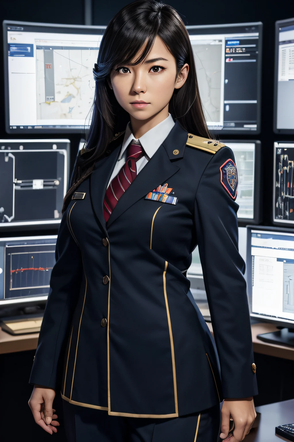A female commander of a justice team that appears in a special effects program.。.。.　in school uniform　dignified expression　Standing　The background is the command room, nffsw, retinas, masutepiece, ccurate, Anatomically correct, Textured skin, Super Detail, high details, High quality, Best Quality, hight resolution