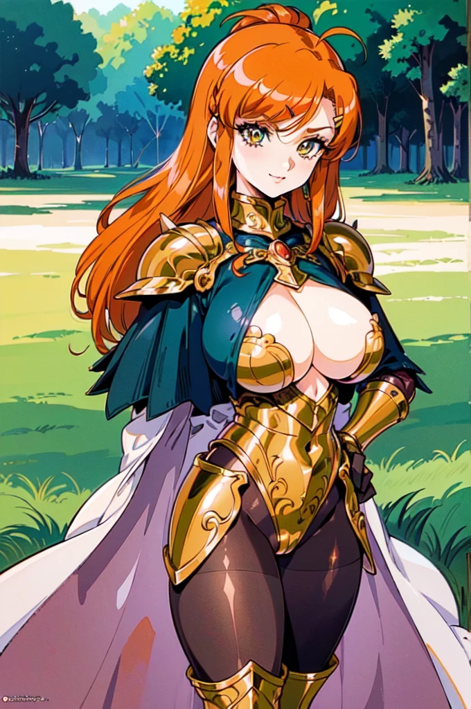 "(masterpiece:1.1), best quality, NSFW,
1girl, (80s anime style:1.3), (eyelashes:1.5), (li:1.2),
(intricate high detailed body:1.2),
(orange hair:1.1), (forehead, parted bangs, hairclip:1.1), (twin braids:1.1), (crown:1.2),
green eyes, (lip stick:1.3),
(pale skin:1.3), (curvy body:1.1), (gigantic breasts:1.5),
(angry, smile:1.2),
(string leotard armor, underboob cutout:1.2), (pantyhose:1.2),
(spiked knight armor, armored boots, capelet:1.2), (hoop earrings:1.1), gloves,
standing, hand on hip,
(upper body, cowboy shot, looking at viewer, from front:1.1),
(daytime, grassland, outdoors:1.2)"