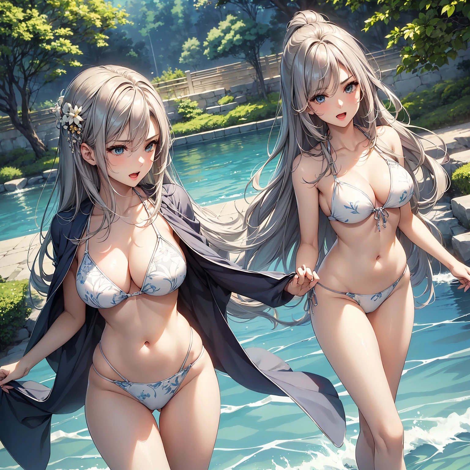(top-quality、masterpiece、very high res、An ultra-high picture quality、High quality pixels)、(She is an extremely beautiful woman、And she is 18 years old、1 person、Single、独奏:1.5)、(She is a very beautiful woman with a beautiful face)、(Beautiful face written in detail,Beautiful body,Eyes with a strong will,Beautiful eyes,beautiful silver hair,Beautiful skin texture)、(Beautiful hair quality,Variety of hairstyles)、(Slender body and beautiful breasts)、(Lovely smile,Open mouth)、(Wearing a bikini swimsuit,String bikini,patterned bikini,Outdoor pool,Beautiful blue sky),(model poses,modelshoot,Magazine shooting,Hair flutters under the influence of the wind),The wind is blowing、Beautiful Art Style,an animated character、(The whole picture、Detailed picture、accurate anatomy、Defect-free images、extremely detailed picture、Accurate images、image perfect)、(Best Shot Photo 1.2)