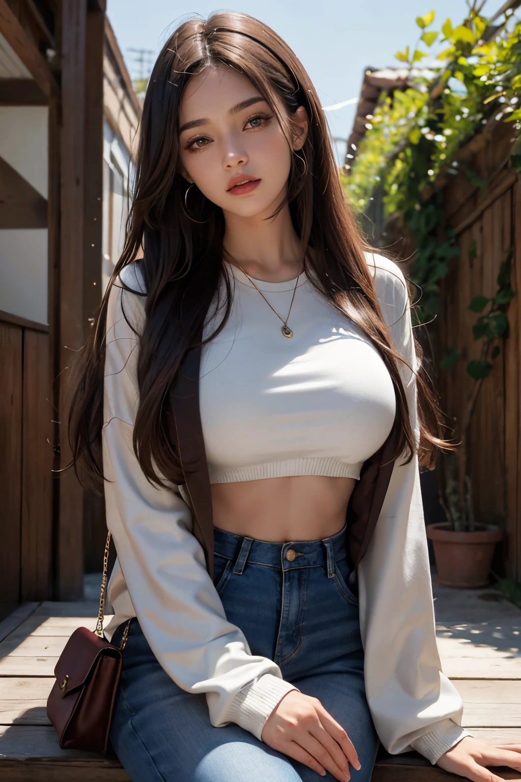 ((Realistic lighting, top quality, 8K, Masterpiece: 1.3)), Clear Focus: 1.2, 1 girl, Perfect Body Beauty: 1.4, Slim Abs: 1.1, ((Dark Brown Hair, Big: 1.3)), (Acceleration: 1.4), (Outdoor, Night: 1.1), Street, Slender Face, Narrow Eyes, Double Eyelids, Exposed Cleavage, Incredibly Ridiculous, Messy Hair, floating hair, long sleeve t-shirt, fashion model pose,