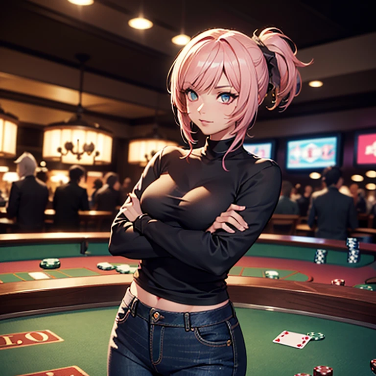 A Miqo'te, character from Final Fantasy 14, wears Black jeans and a black top,, Samourai Sword, Crossing arms, Black hair with pink highlights, cyan eyes, Ponytail, black skin tone,  in a casino,