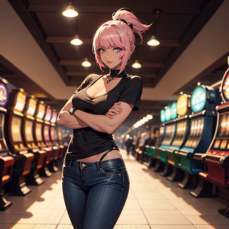 A Miqo'te, character from Final Fantasy 14, wears Black jeans and a black top,, Samourai Sword, Crossing arms, Black hair with pink highlights, cyan eyes, Ponytail, black skin tone,  in a casino,