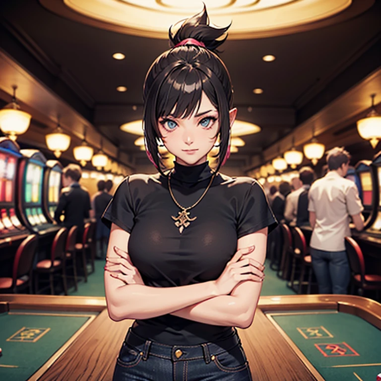 A Miqo'te, character from Final Fantasy 14, wears Black jeans and a black top,, Samourai Sword, Crossing arms, Black hair with pink highlights, cyan eyes, Ponytail, black skin tone,  in a casino,