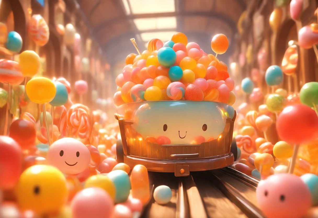 (A Mr. Candy is driving a long candy train), Candy has a round face, smile eyes, Wearing a colorful candy uniform, (All carriages of the candy train are made of clear glass sugar bowls),The front of the car is decorated with golden honey candies, looks like a giant smiling face, The carriage is decorated with colorful lollipops, Sweet chocolate, Colorful jelly , There are different kinds of candies in each sugar bowl carriage, Shining with a mesmerizing light, The seats in the carriage are made of soft marshmallows, The windows are made of crystal clear rock sugar,whimsical background:rural,Train track perspective,Clear facial features,pixar-style,cartoonish style,Vinyl figures,Illustrations by Beatrix Potter,Surreal,Imagined,lmaginative,like a dream,Otherworldly,Visual exaggeration, Cartoonish,The cards,kawaii,comic strip,enchanting atmosphere,unreal-engine, Fantasticism,Surreal fantasy,dream style,sci-fy,rendering,high detal,Super quality,A high resolution,ultra-realistic realism,8K depth of field (degree of freedom),Faraway view,dramatic lights