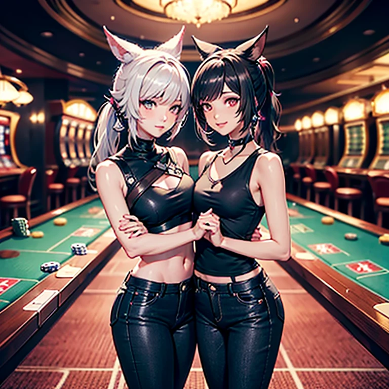 A Miqo'te, character from Final Fantasy 14, wears Black jeans and a black top,, Samourai Sword, Crossing arms, Black hair with pink highlights, cyan eyes, Ponytail, black skin tone, in a casino,