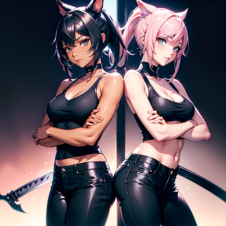 A Miqo'te, character from Final Fantasy 14, wears Black jeans and a black top,, Samourai Sword, Crossing arms, Black hair with pink highlights, cyan eyes, Ponytail, black skin tone, in a casino,