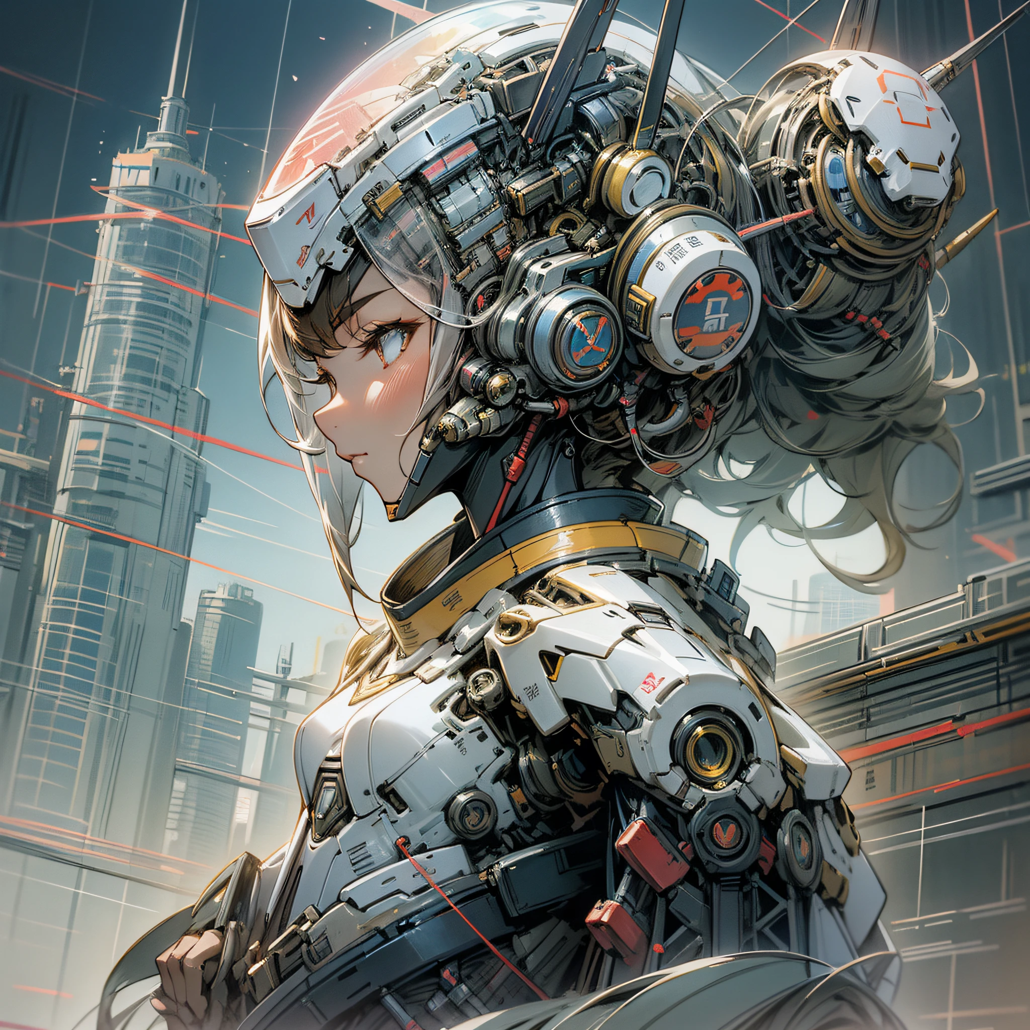 Japanese Science Fiction City Vision Cyber Style Mechanical Style Female Warrior Metal Mecha Wearing Costume Transparent Corset Front Convex Back Upturn Science Fiction Aircraft Painted Watercolor Style Colorful Watercolor Brush Strokes Illustration --auto --s2