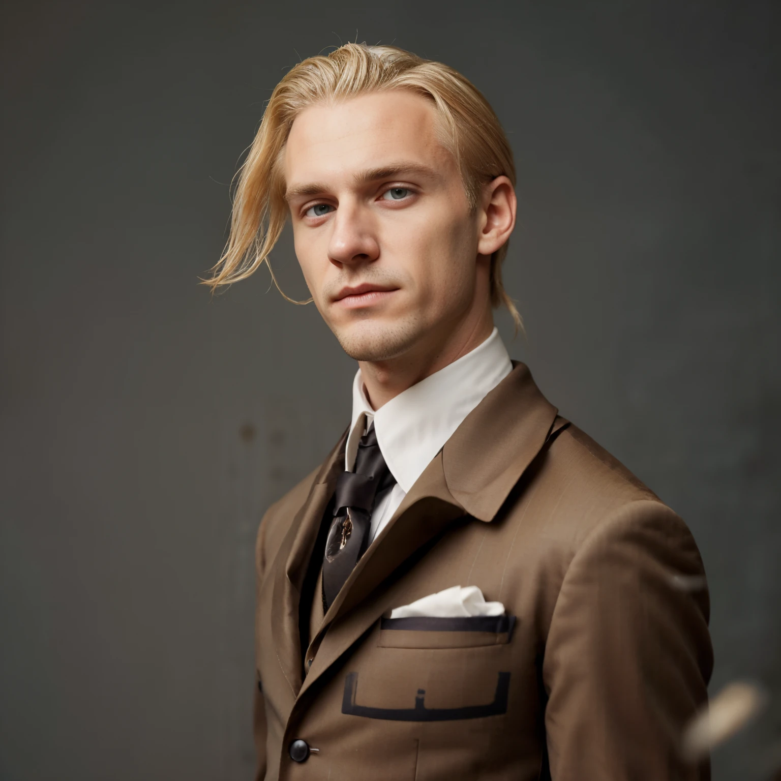 arafed man in a suit and tie posing for a picture, long swept back blond hair, similar to malfoy, well-groomed model, slick hair, style of seb mckinnon, great _hairstyle, masculine appeal high fashion, Victorian age man, Victorian 19th century clothes, Young man, dutch Young man