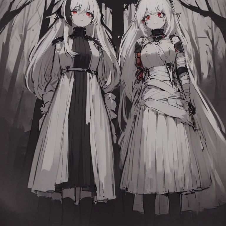 ((women, of different sizes,((bandages on their breasts, mini skirt, small breasts,((very long black and white hair, black and red eyes, hopeless face)),((standing, 1 arm behind back)),in a haunted forest, at night,