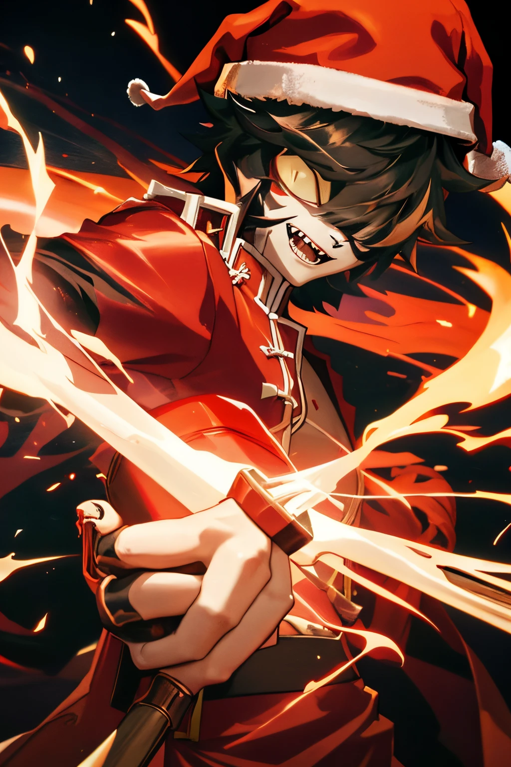 Cartoon character holding knife and red shirt wearing santa hat, demon slayer artstyle, Demon Slayer: Rui fan art, badass anime 8 k, Key anime art, offcial art, Official artwork, epic anime style, Detailed key animation art, Handsome guy in the art of slaying demons, Otaku walks, Anime cute art style, Anime style 4k, Demon Killer