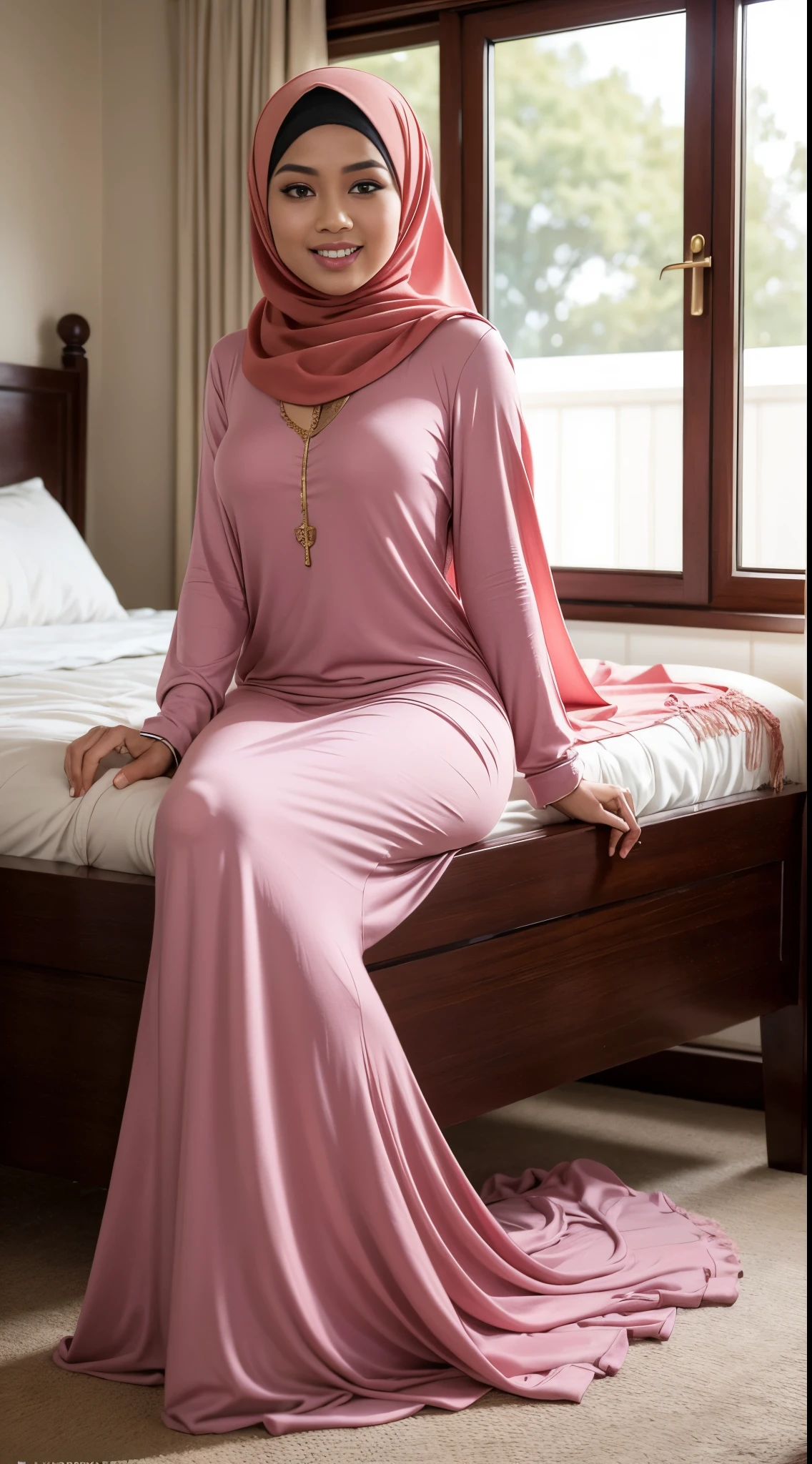 ( Close Up),RAW, Best quality, high resolution, masterpiece: 1.3), beautiful Malay woman in hijab,Masterpiece, perfect fit body,(( big breast)),big gorgeous eyes, Soft smile,(beutiful face) ,thick thighs, woman sitting in long pink dress posing for a photo in garden flower, wearing beautiful clothes, pastel pink skin tone, pastel pink, beautiful long silk dress, layered clothes, soft silk dress, pastel pink, hijab, wearing elegant clothes, silk dress, red dress young, graceful clothing, wearing long flowing cloth, beautiful soft silk gown, wearing an elegant gown, malay long dress , wearing beautiful clothes, modern casual clothing  , Excellent lighting, Bright colors, Clean lines,