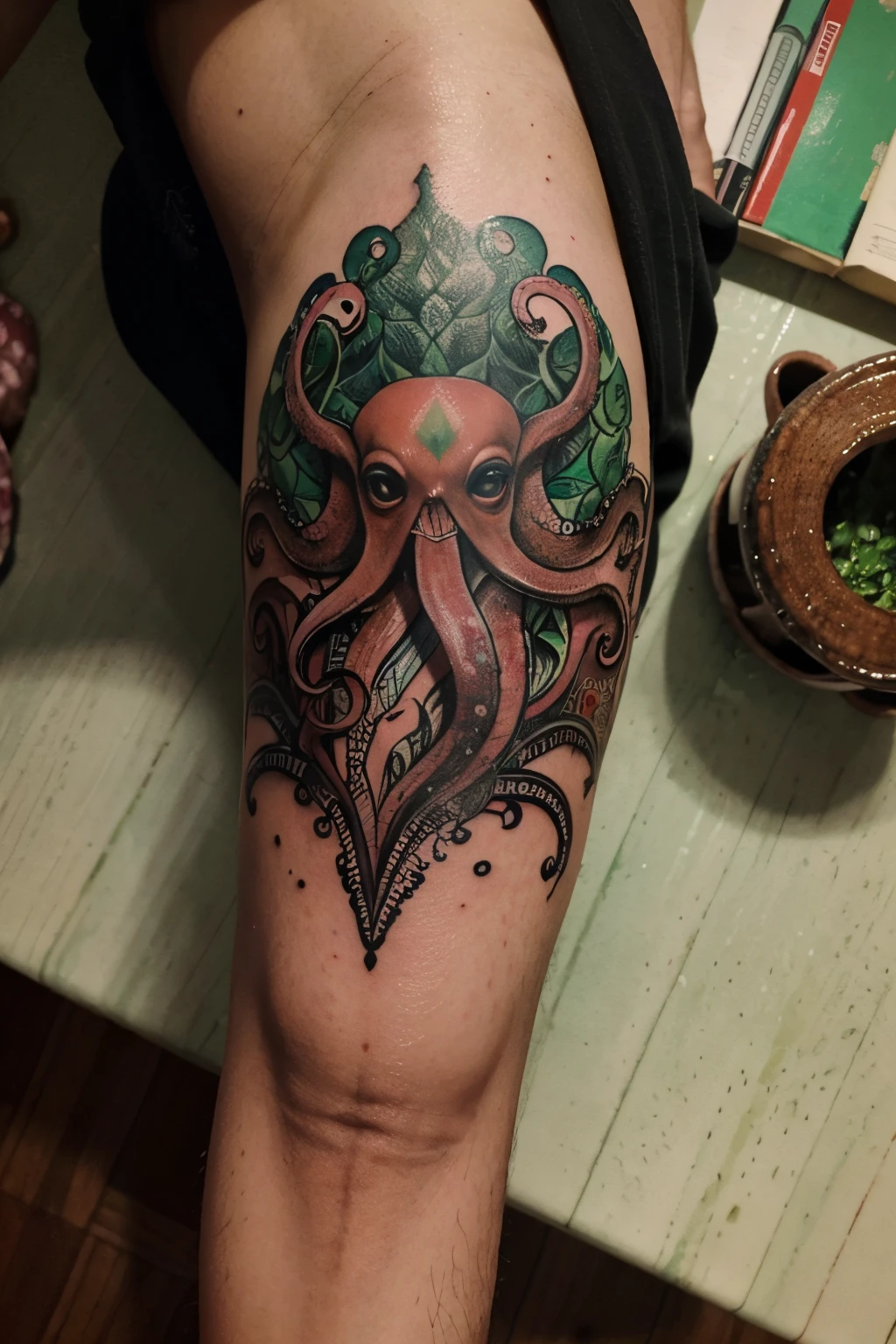 there is an octopus involving the financial market, fibonacci ratio that has and has the colors green, vermelho, branco e preto feito em aquarela e nanquim, CGSeteration tatuagem, No estilo de arte de Quetzecoatl,