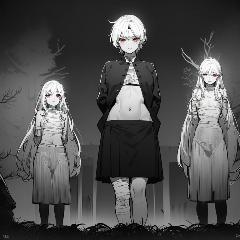 ((women, of different sizes,((bandages on their breasts, mini skirt, small breasts,((very long black and white hair, black and red eyes, hopeless face)),((standing, 1 arm behind back)),in a haunted forest, at night,