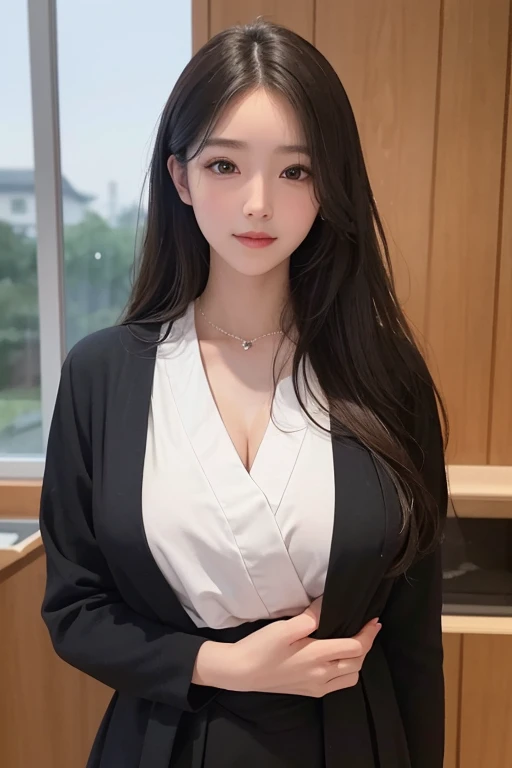masterpiece, best picture quality, high quality, beautiful girl, Japanese, Japanese school girl, popular Korean makeup, detailed, swollen eyes, detailed eyes, detailed skin, beautiful skin, ultra high resolution, (reality: 1.4), very beautiful, slightly younger face, beautiful skin, slender, (ultra realistic), (illustration), (high resolution), (8K), (highly detailed), (best illustration), (beautifully detailed eyes), (super detailed), (wallpaper), (detailed face), looking at viewer, fine details, detailed face, pureerosfaceace_v1, smiling, looking straight ahead, looking straight ahead, angle from waist up, realistic photo, bright lighting, professional lighting, blonde, long hair, dark abandoned, big red moon, gorgeous red and black dress, mature woman,キスショット・アセロラオリオン・ハートアンダーブレード
