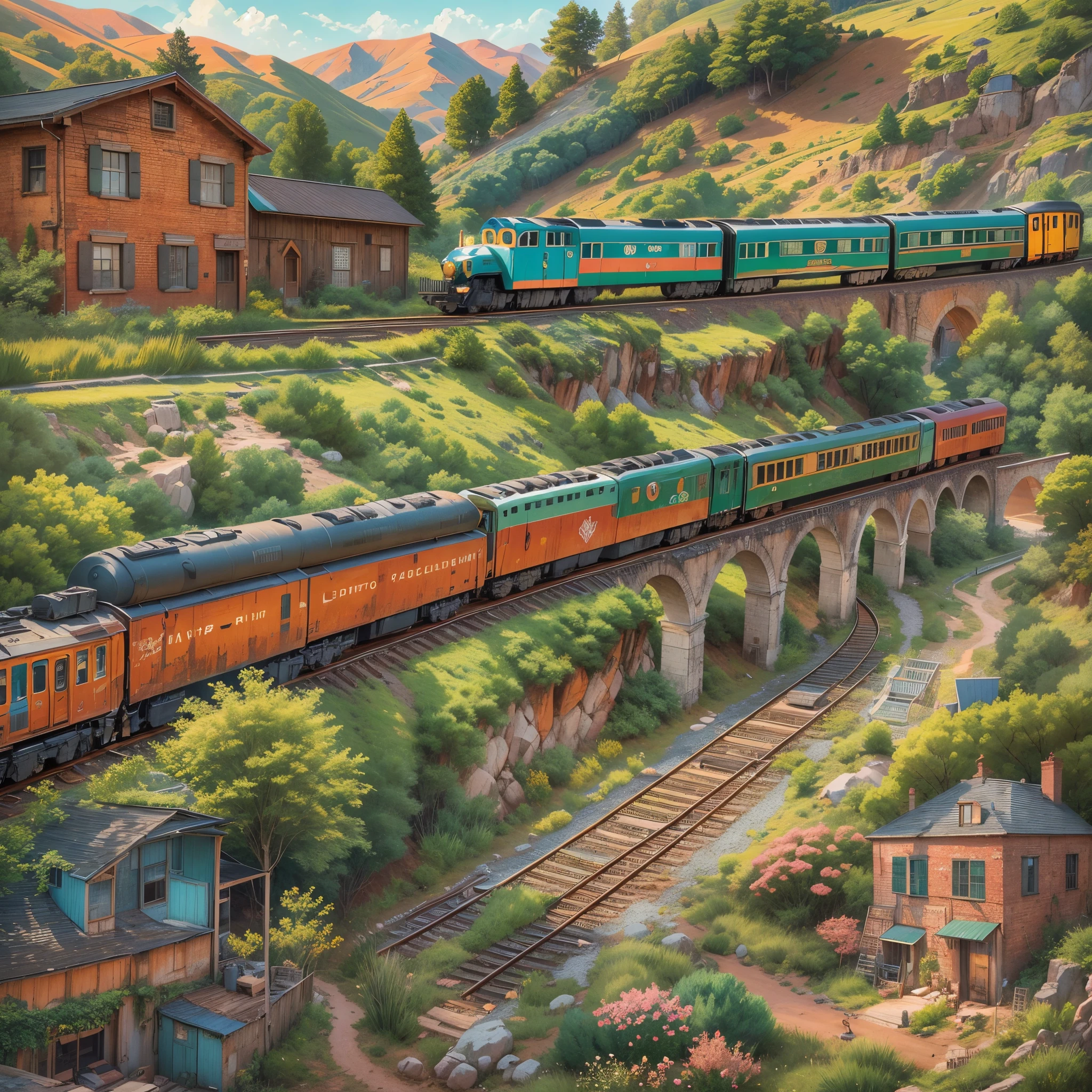 A detailed illustration of Thomas the train, with a vibrant and colorful landscape. The train should be the main focus, showcasing its iconic shape and features. The medium should be digital art, with a touch of photorealism to bring out the intricate details of the train. The landscape should be lush and scenic, with rolling hills, green meadows, and a clear blue sky. The train tracks should be visible, curving through the landscape, adding depth to the image. The train should have shiny, metallic surfaces and realistic textures to enhance its authenticity. The colors should be vivid and vibrant, with a warm color tone overall. The lighting should be bright and natural, casting soft shadows on the train and landscape. The image should have the best quality, with ultra-detailed rendering to capture every intricate detail of the train.