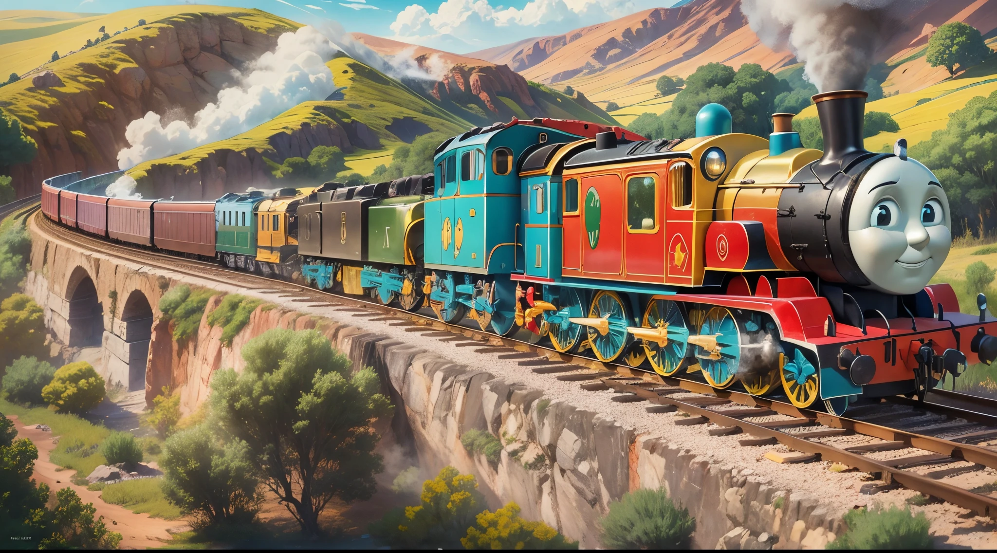 Detailed illustration of Thomas the Tank Engine, with dynamism、Colorful landscape. Thomas the Tank Engine should be the main focus, Showcasing its iconic shape and features. The medium should be digital art, With a touch of realism，The landscape should be lush and green、Beautiful view, Rolling hills, Green meadow, and clear blue sky. Train tracks should be visible, Meandering through the landscape, Increase the depth of the image. Thomas the Tank Engine should sparkle, Metallic surfaces and realistic textures enhance its authenticity. Colors should be bright and vibrant, The whole is dominated by warm colors. Lights should be bright、naturey, Casts soft shadows on the landscape. The image should be of the best quality, Capture every intricate detail of Thomas the Tank Engine with ultra-detailed renderings.