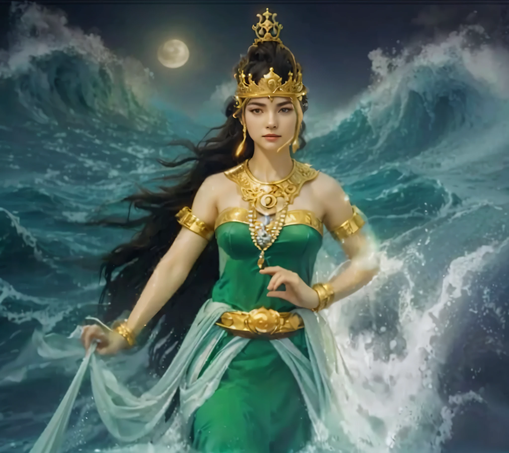 painting of a woman in a green dress standing in the ocean, queen of the sea mu yanling, goddess of the ocean, goddess of the sea, earth goddess mythology, goddess of love and peace, a stunning portrait of a goddess, indian goddess of wealth, javanese mythology, goddess art, beautiful goddess, goddess of greek mythology, goddess of nature