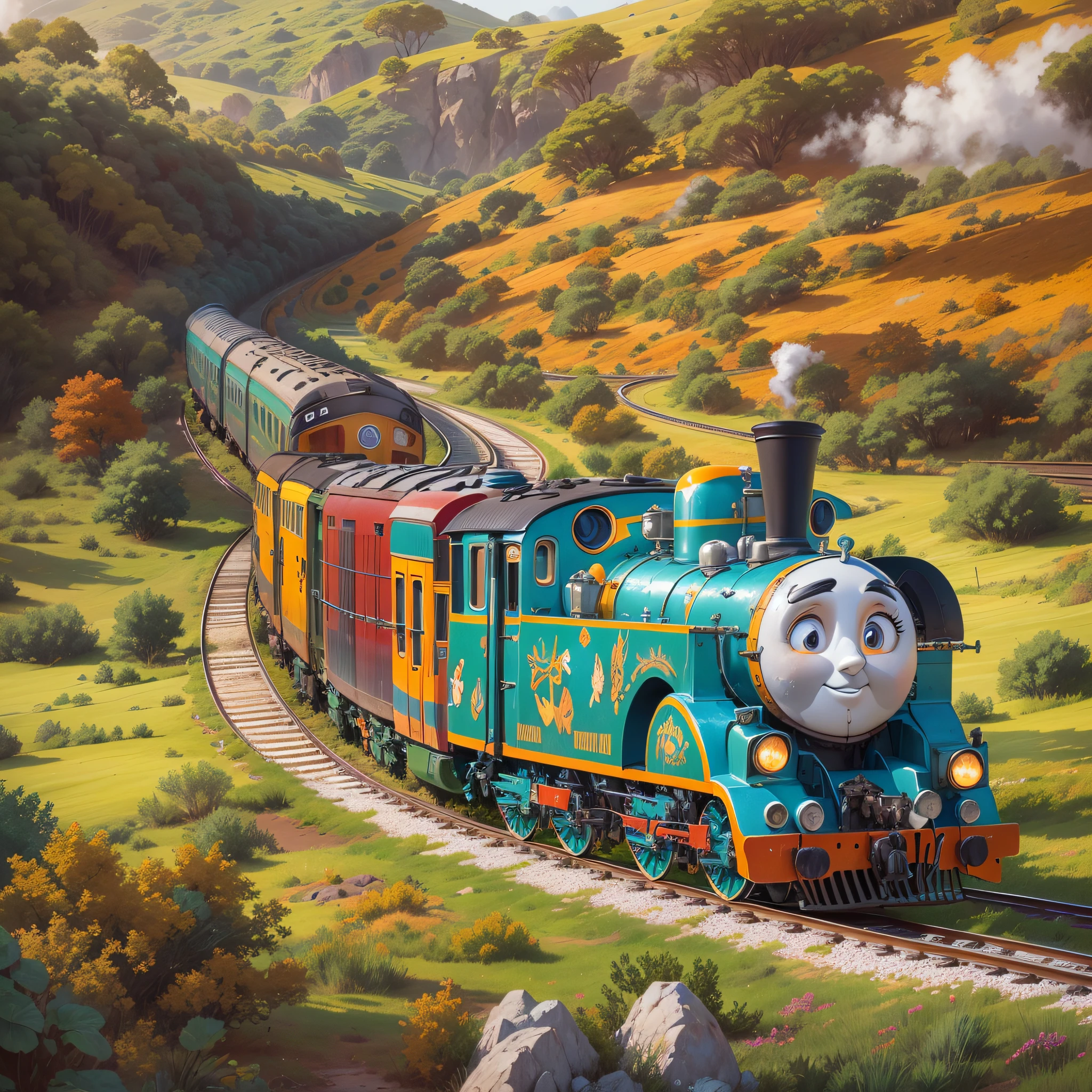 A detailed illustration of Thomas the train, with a vibrant and colorful landscape. The train should be the main focus, showcasing its iconic shape and features. The medium should be digital art, with a touch of photorealism to bring out the intricate details of the train. The landscape should be lush and scenic, with rolling hills, green meadows, and a clear blue sky. The train tracks should be visible, curving through the landscape, adding depth to the image. The train should have shiny, metallic surfaces and realistic textures to enhance its authenticity. The colors should be vivid and vibrant, with a warm color tone overall. The lighting should be bright and natural, casting soft shadows on the train and landscape. The image should have the best quality, with ultra-detailed rendering to capture every intricate detail of the train.