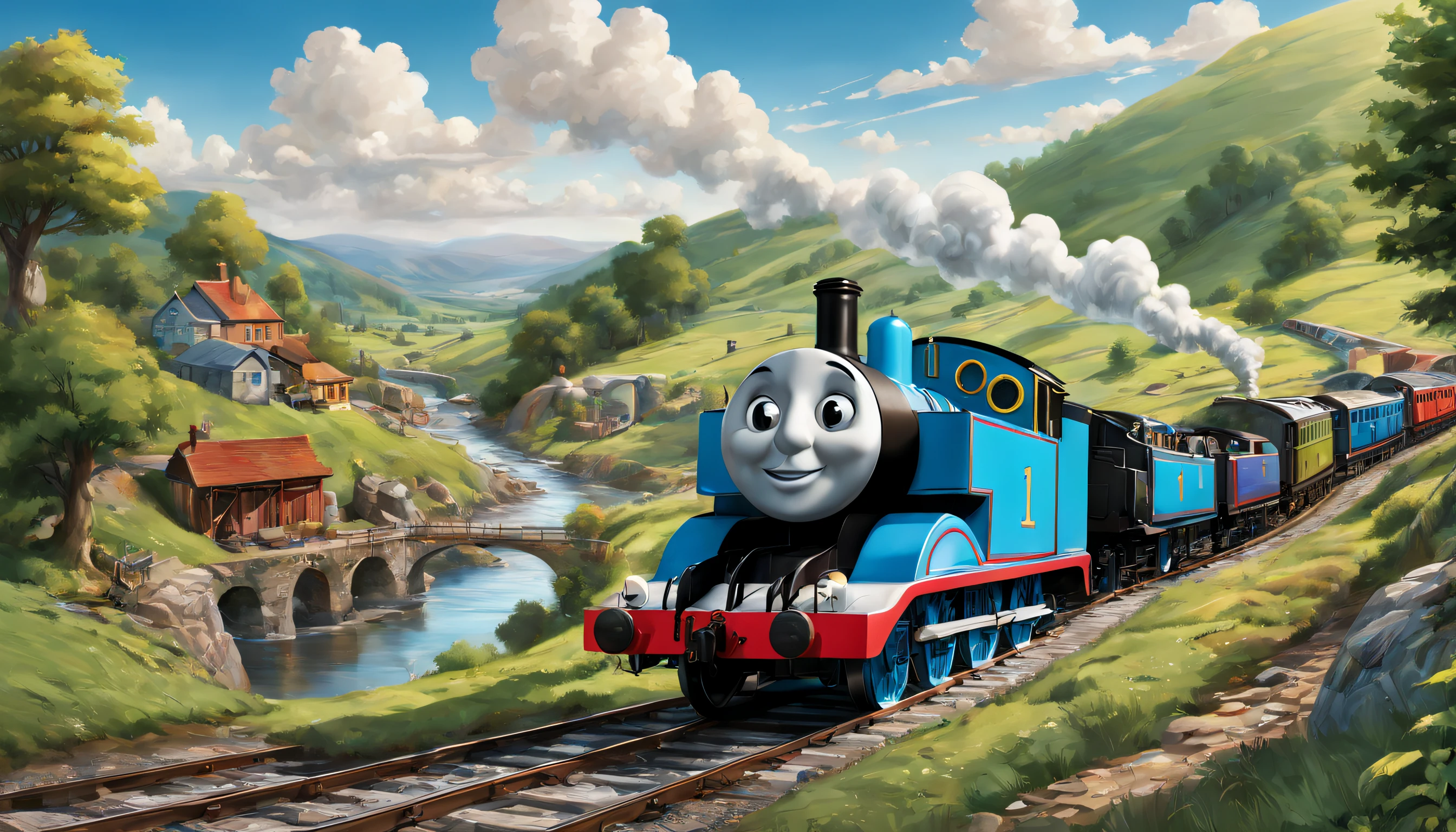 Detailed illustration of Thomas the Tank Engine, with dynamism、Colorful landscape. Thomas the Tank Engine should be the main focus, Showcasing its iconic shape and features. The medium should be digital art, With a touch of realism,The landscape should be lush and green、Beautiful view, Rolling hills, Green meadow, and clear blue sky. Train tracks should be visible, Meandering through the landscape, Increase the depth of the image. Thomas the Tank Engine should sparkle, Metallic surfaces and realistic textures enhance its authenticity. Colors should be bright and vibrant, The whole is dominated by warm colors. Lights should be bright、naturey, Casts soft shadows on the landscape. The image should be of the best quality, Capture every intricate detail of Thomas the Tank Engine with ultra-detailed renderings.