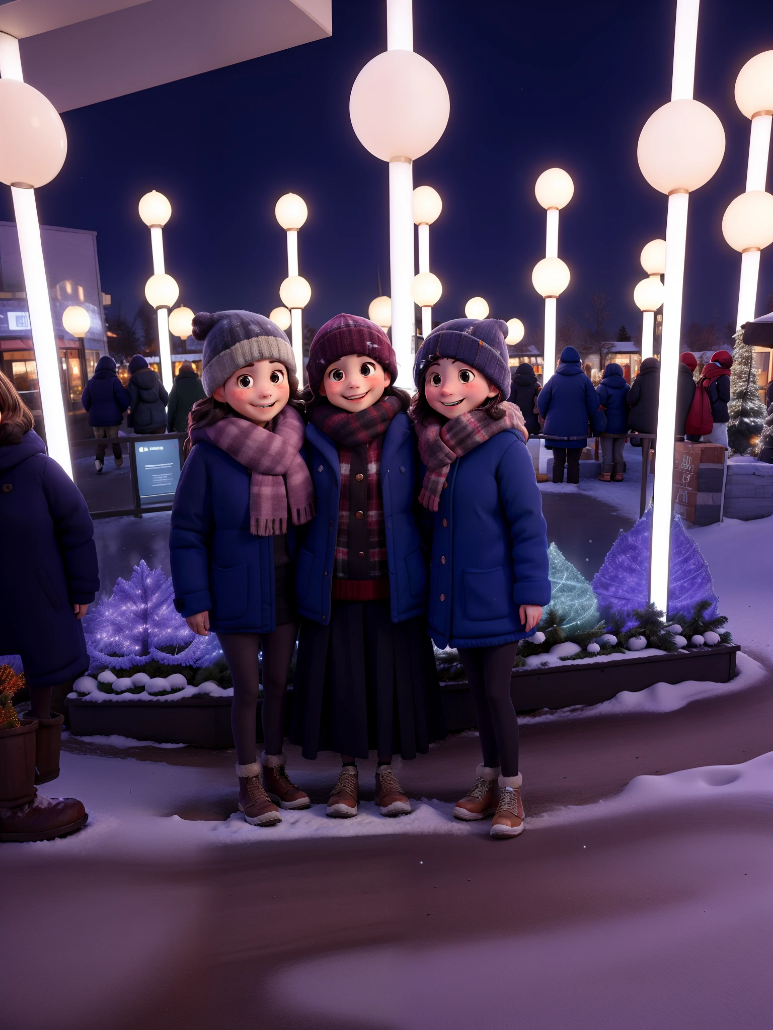 Three girls, in front of a light display, winter clothes, smile