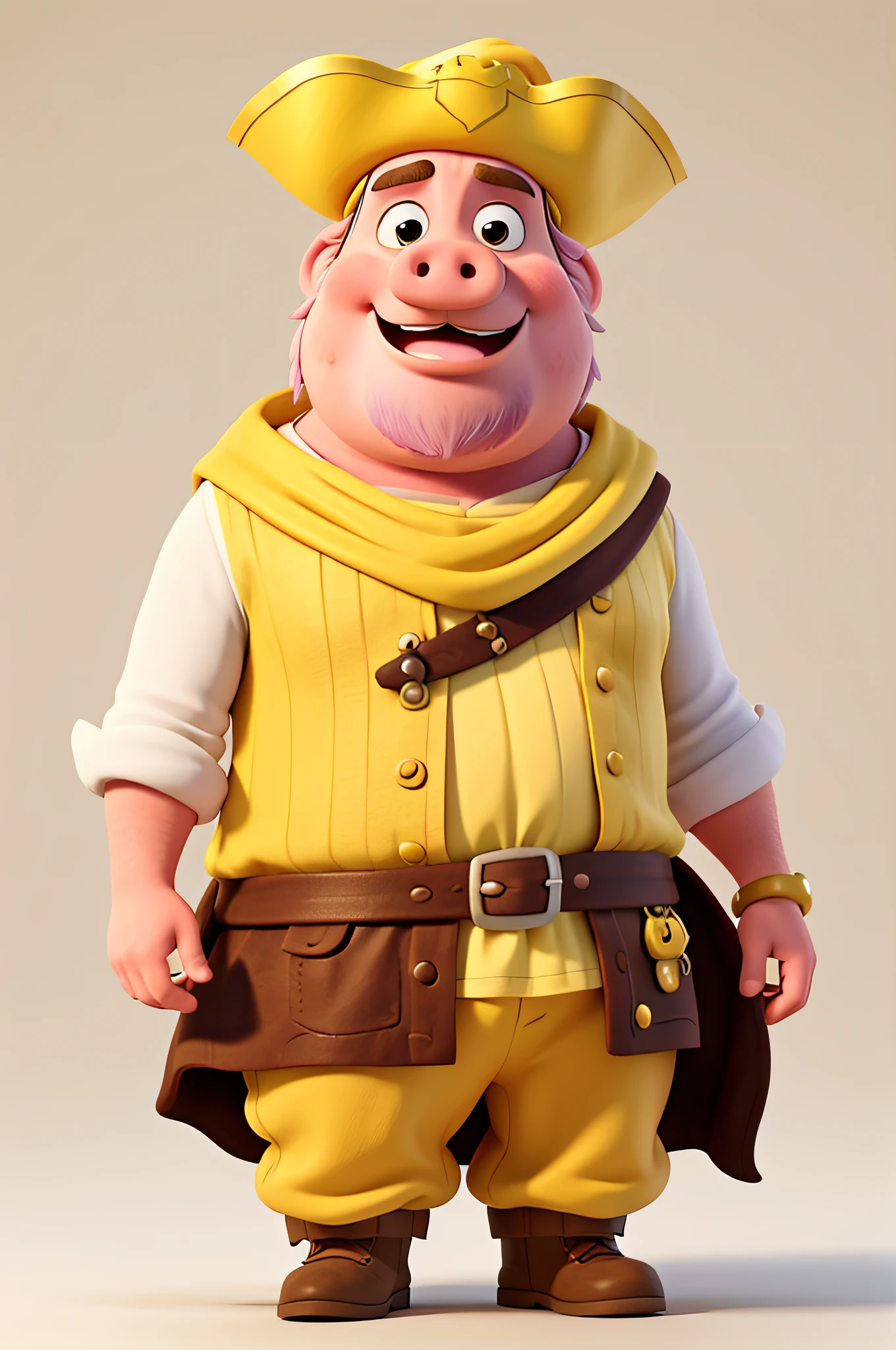 tall pirate pig, without beard, pirate hat, yellow costume, solid white background, disney pixar style, high quality, best quality