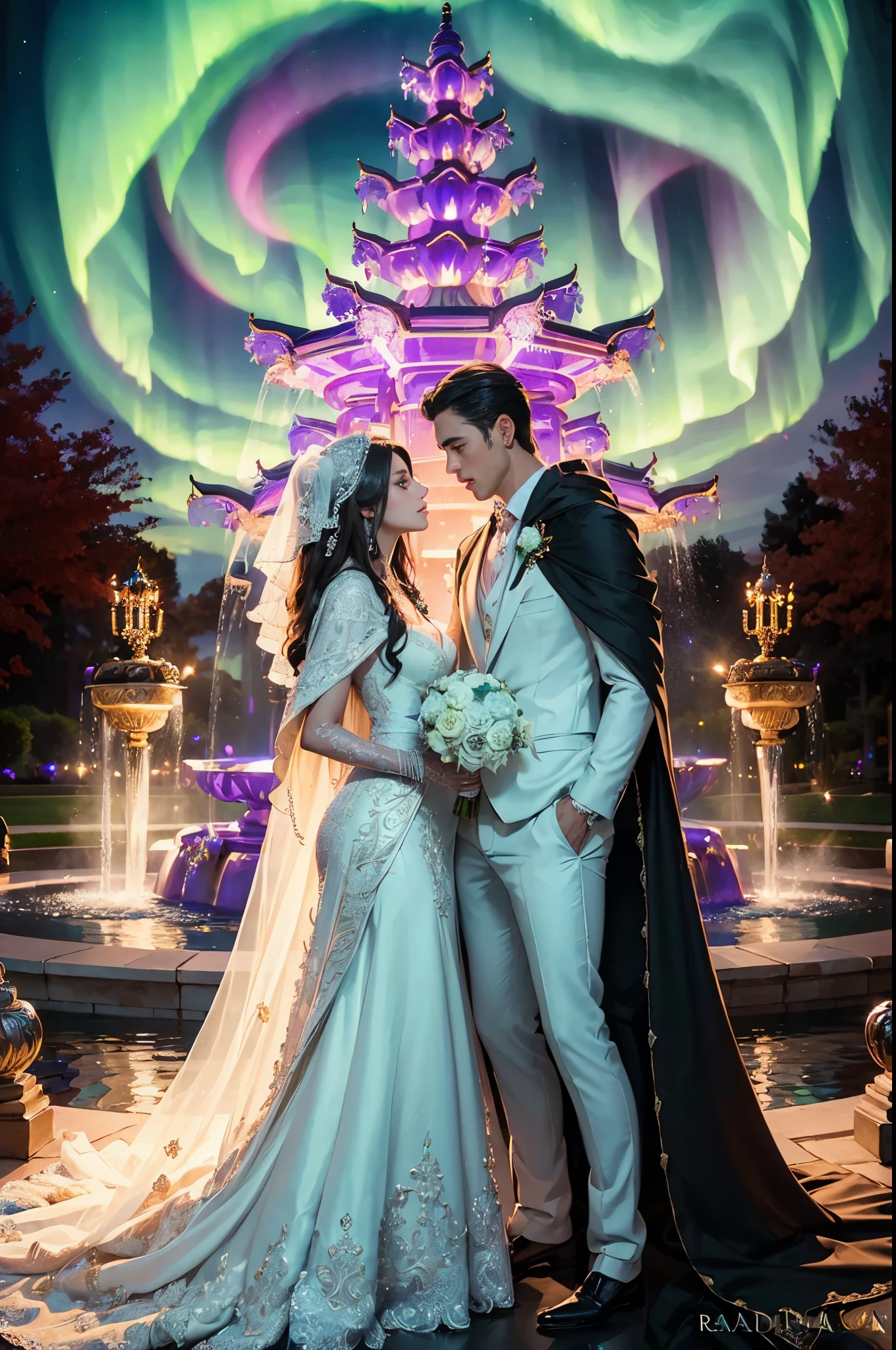 (generate a beautifull bride and a handsome groom, pre wedding photoshoot, luxury fountain background, detail luxury wedding gown. flower decoration, (luxury cloak), beautifull night sky with aurora, comet on the sky, beautifull scene, beautifull face, pretty face, beautifull eyes, beautifull nose, raytracing, beautifull fingers, beautifull hands, (4 fingers in 1 hand), full body photoshoot, pretty makeup, perfect anatomy, good lighting, professional photoshoot, sharp eye, fresh lips