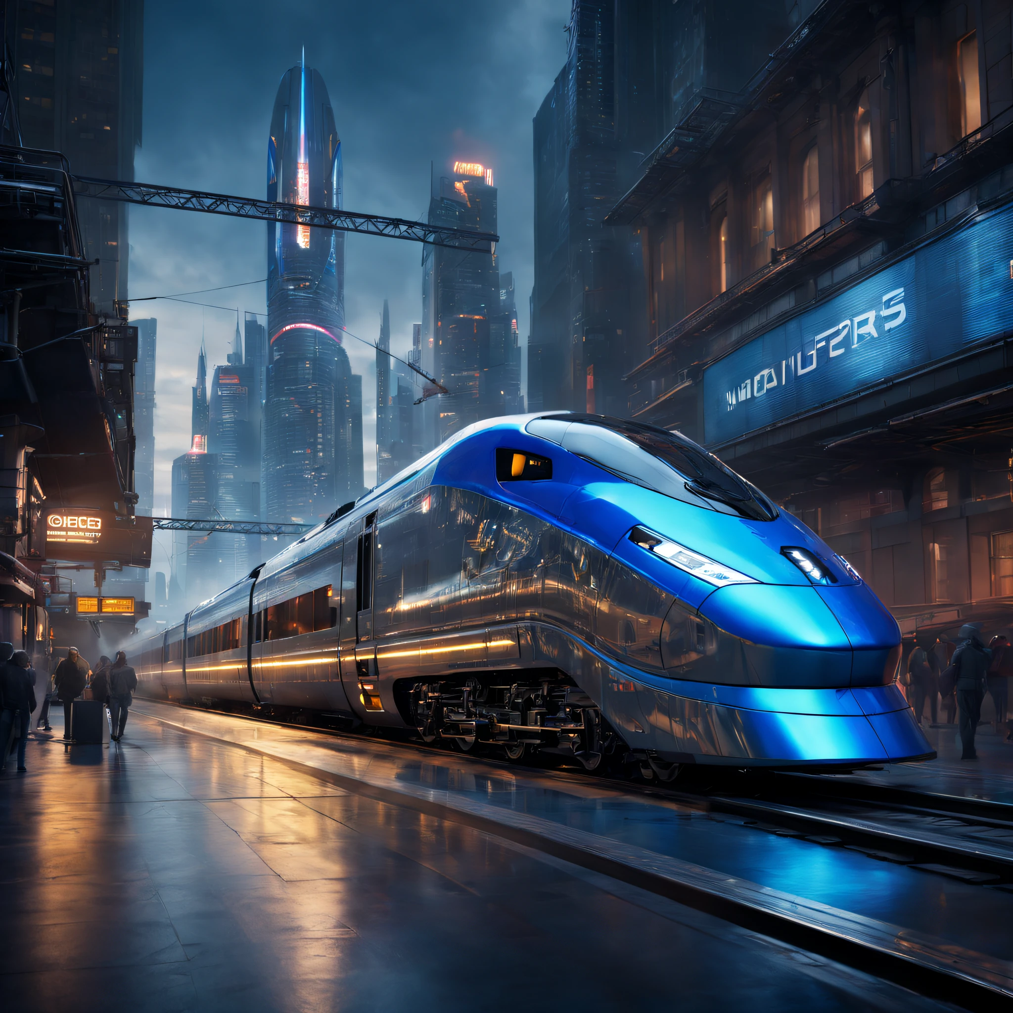 A transforming robot train with intricate details, realistic metallic textures, and vibrant colors. High-quality rendering (best quality, 4k, 8k, highres, masterpiece:1.2), ultra-detailed, and physically-based rendering for a photorealistic look. The train is showcased in a dynamic action pose, with smoke billowing from its exhaust pipes. The train's exterior features a combination of sleek curves and sharp edges, with LED lights illuminating its path. The train is set against a futuristic cityscape, with towering skyscrapers and neon lights casting a vibrant glow. The overall color palette is dominated by metallic silver and electric blue hues. The scene is bathed in a warm, golden light, adding a sense of warmth and depth to the image.