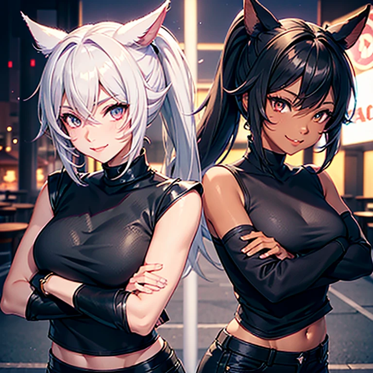 A Miqo'te, character from Final Fantasy 14, wears Black jeans and a black top,, Samourai Sword, Crossing arms, Black hair with pink highlights, Cyan eyes, Ponytail, black skin tone, in a casino, Portrait, smiling face,  tribal mark, outdoor scene,