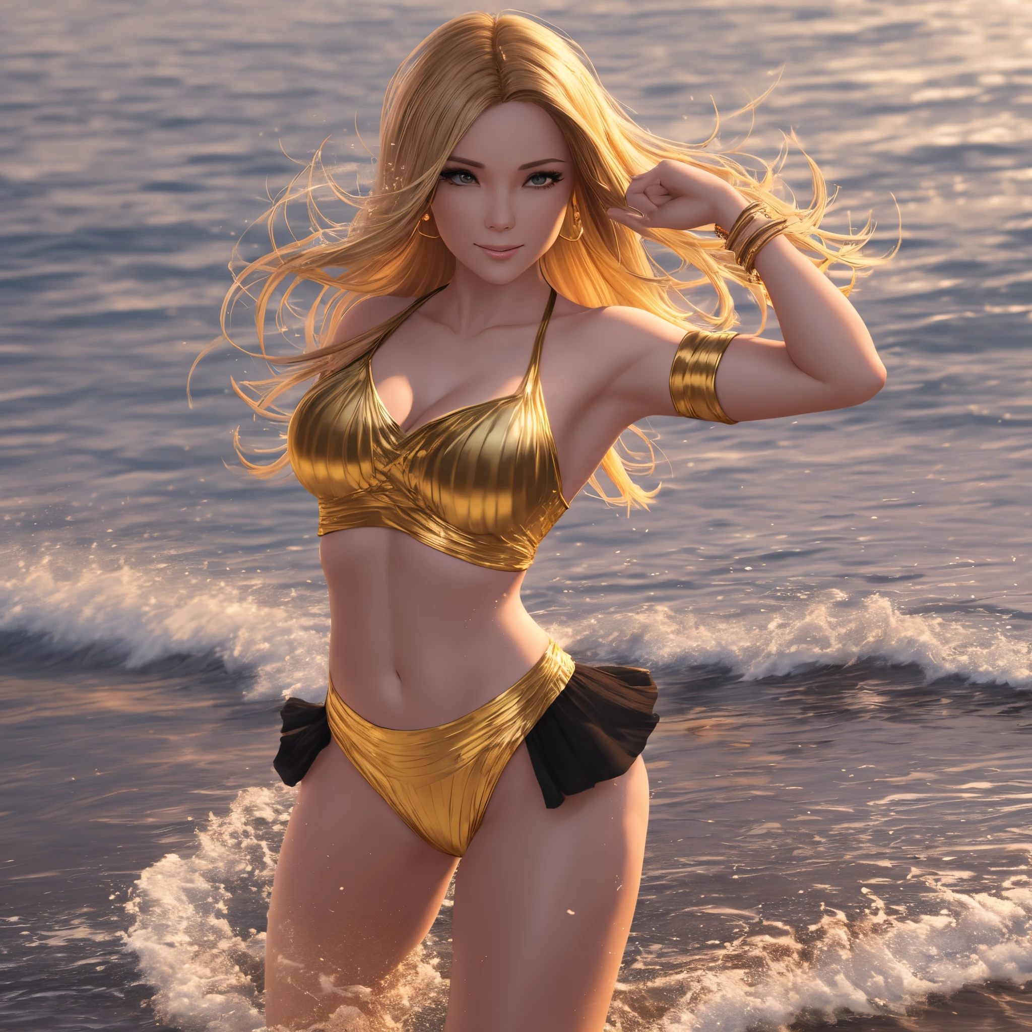 female dancer with golden hair. *Environment:* 3D beach setting with realistic water reflections. *Atmosphere:* Lively and energetic, emphasizing her dance moves. *Realization:* 3D rendering using a software with high-resolution textures. Prompt: /imagine3D render of female dancer with golden hair, 3D beach setting with realistic water reflections, lively and energetic mood, 3D rendering with high-resolution tex --auto --s2