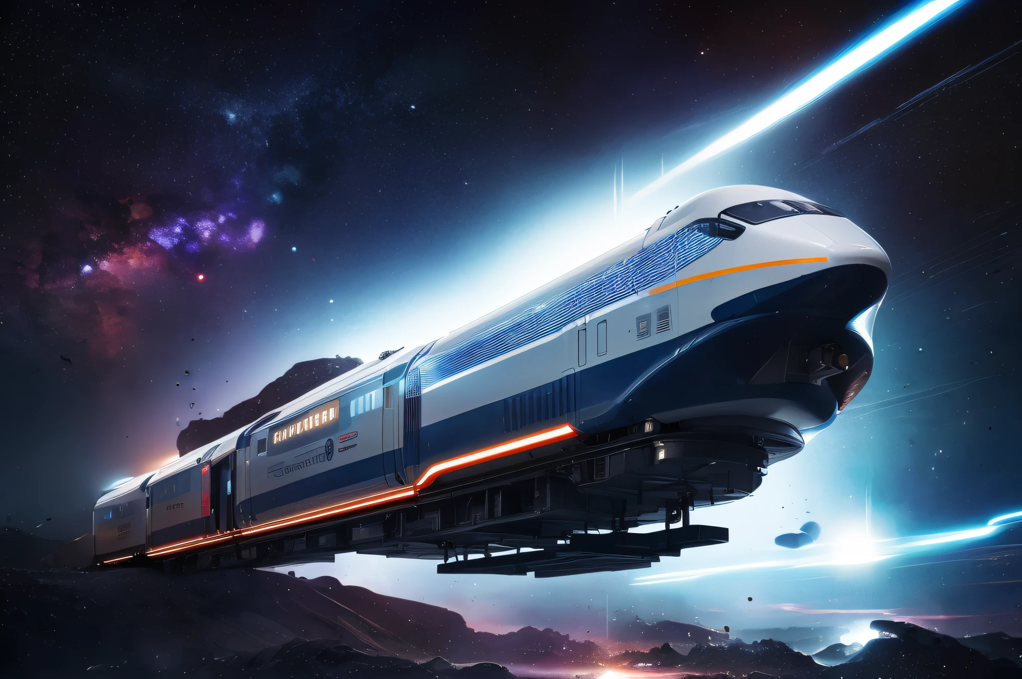 A space train rushes through the space between galaxies and planets, Futuristic Train, many complex details, the train looks like a spaceship, spaceship looks like a train, Masterpiece, Fantastic, hyper-detailed