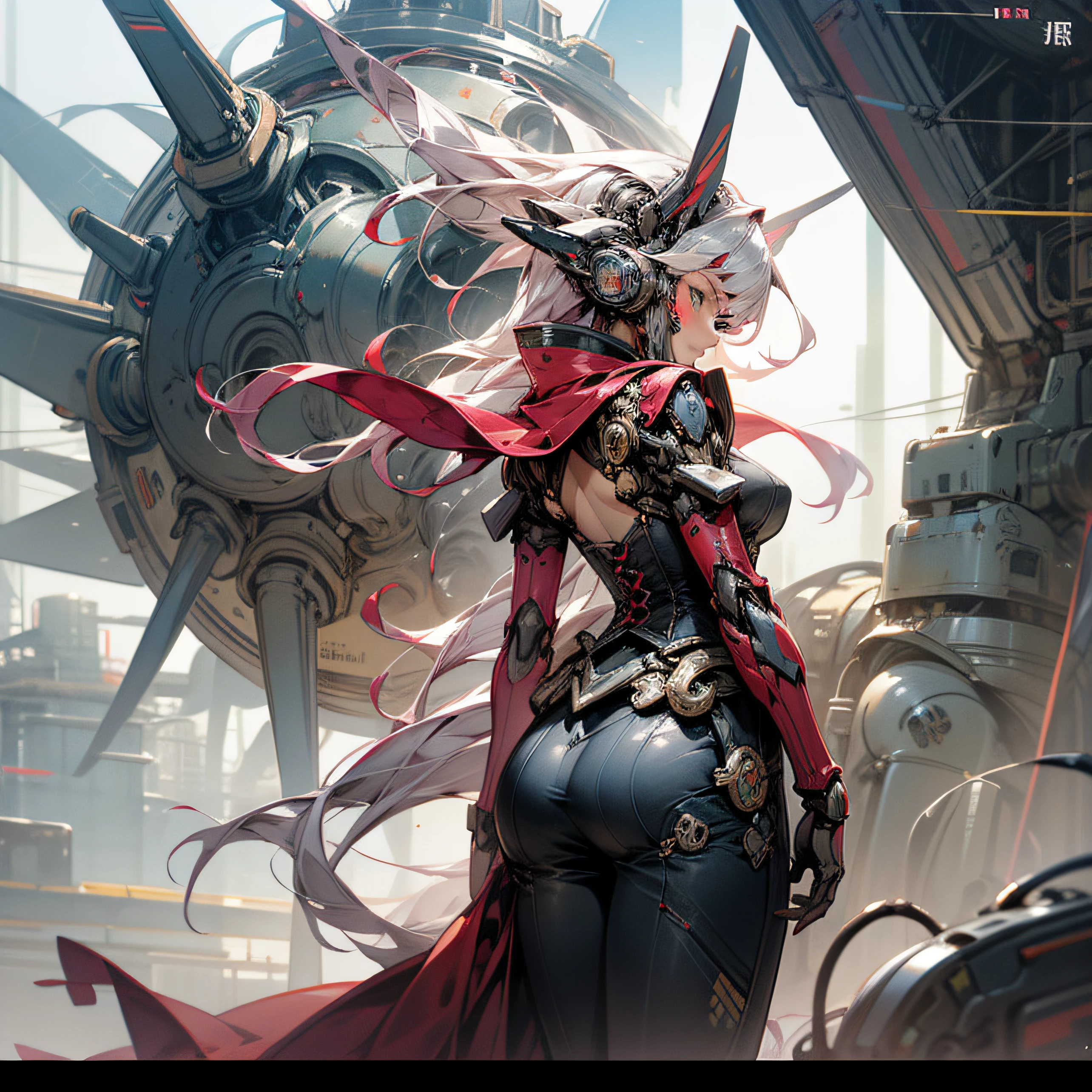Japanese Science Fiction City Vision Cyber Style Mechanical Style Female Warrior Metal Mecha Wearing Costume Transparent Corset Front Convex Back Upturn Science Fiction Aircraft Painted Watercolor Style Colorful Watercolor Brush Strokes Illustration --auto