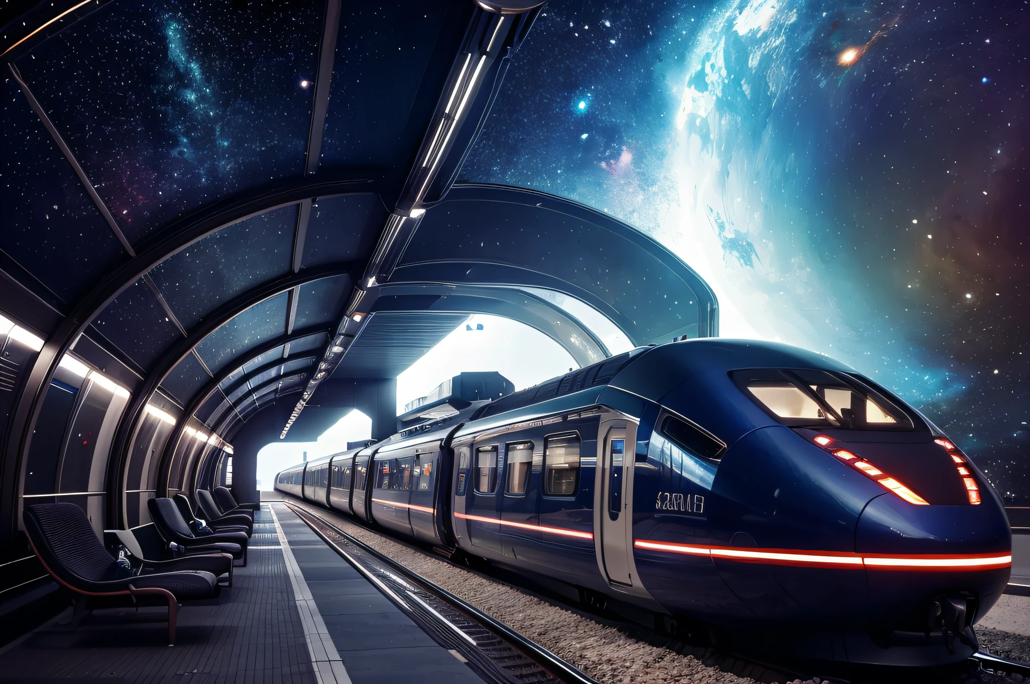 A space train rushes through the space between galaxies and planets, Futuristic Train, many complex details, the train looks like a spaceship, spaceship looks like a train, Masterpiece, Fantastic, hyper-detailed