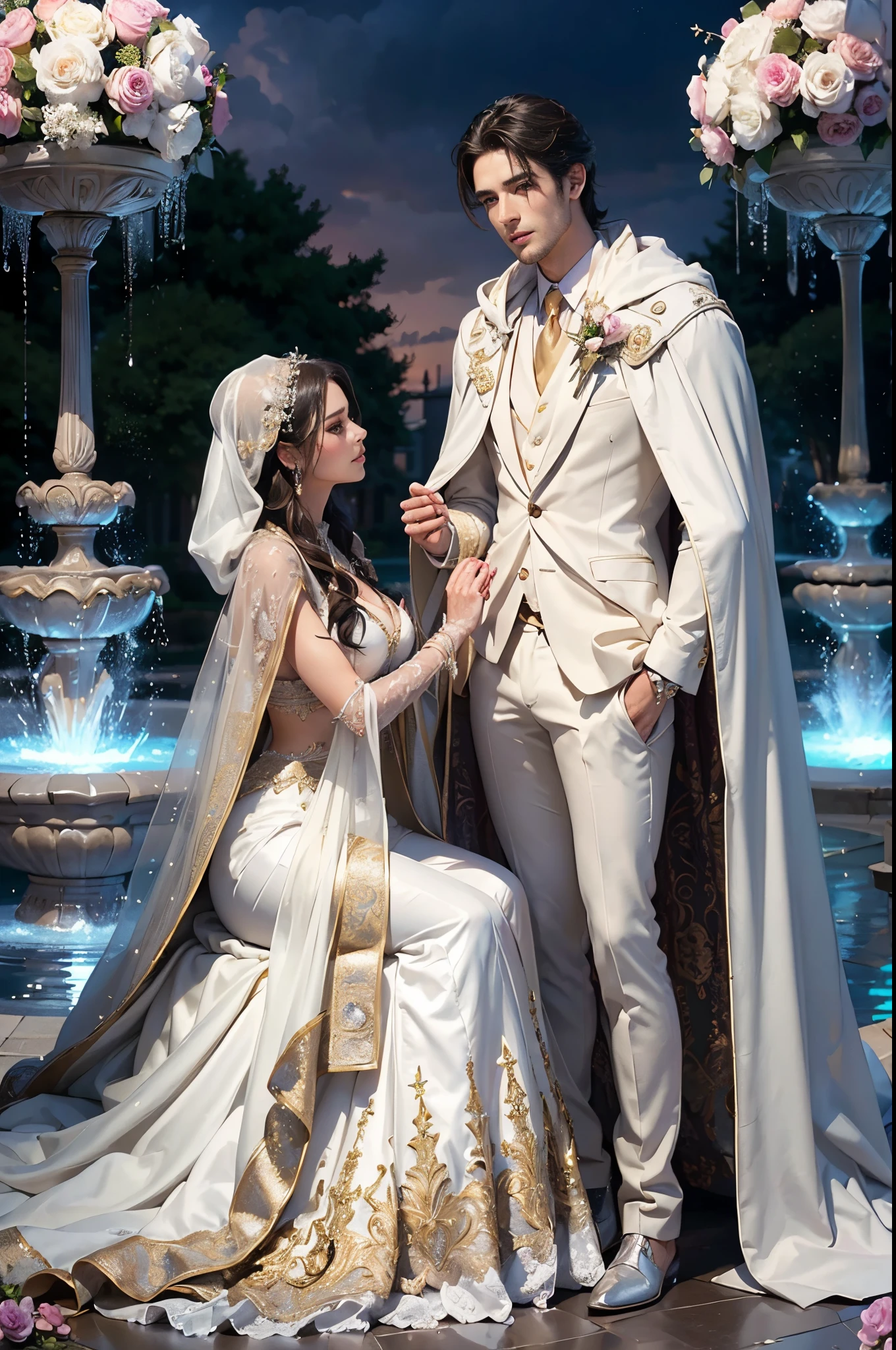 (generate a beautifull bride and a handsome groom, pre wedding photoshoot, luxury fountain background, luxury wedding gown. flower decoration, (luxury cloak), beautifull sky, beautifull scene, beautifull face, pretty face, beautifull eyes, beautifull nose, raytracing, beautifull fingers, beautifull hands, (4 fingers in 1 hand), full body photoshoot, pretty makeup, perfect anatomy, good lighting, professional photoshoot, sharp eye, fresh lips