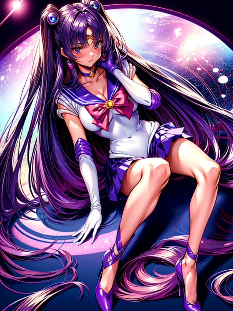 1girl in, ( (digital) ( ), medium breasts, (Sailor Moon Costumes)) , Best Quality, 、Hypnorola
Eyes in the sky、1girl in,Emotionless facial expressions,,(Very long straight hair:1.4)、Purple hair、Purple Absolute Short Mini Skirt、purple sailor collar、elbowgloves、high-heels、Rape Eye、(Inside the complex base of the future:1.4)