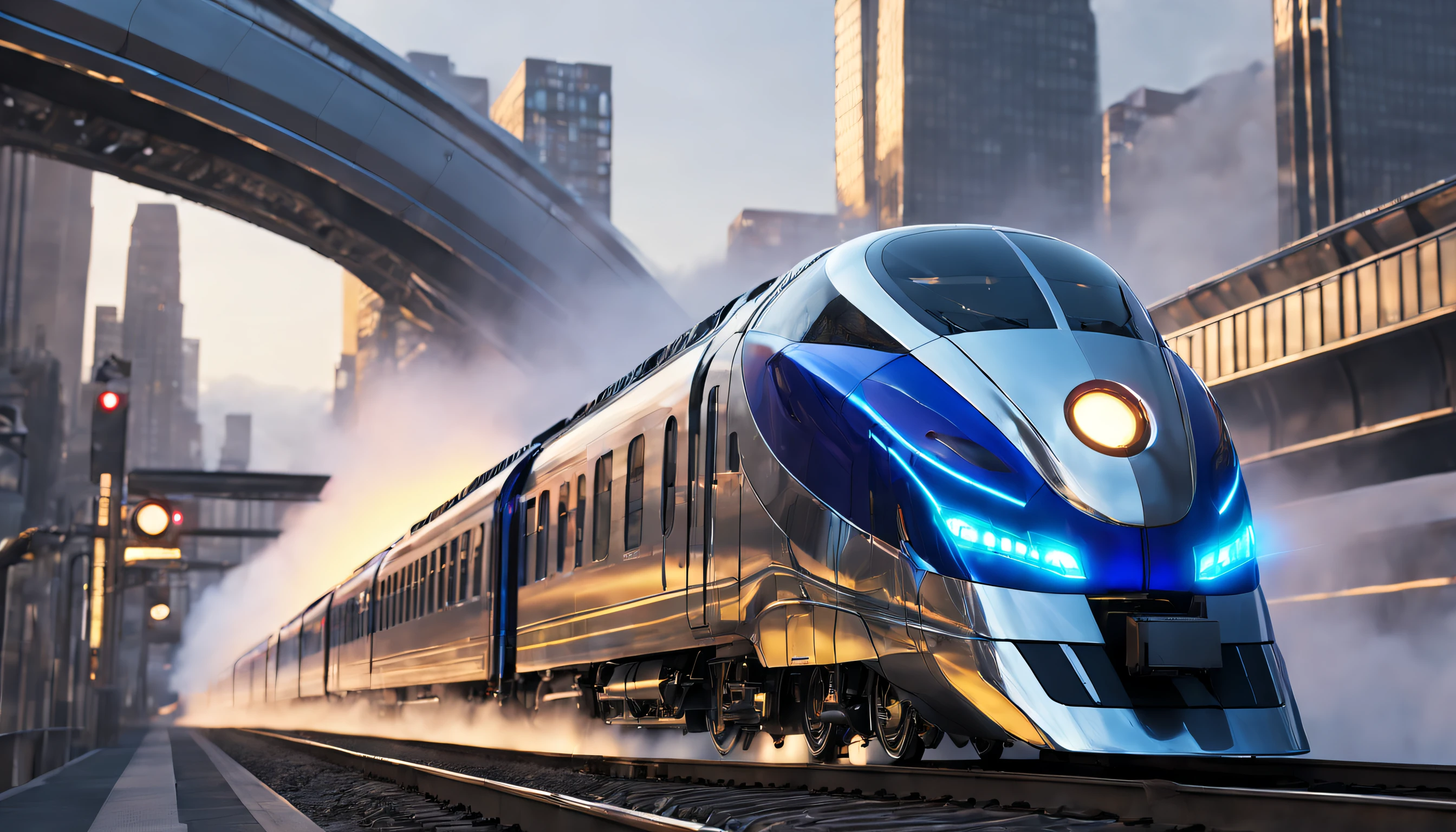 a long-exposure shot of the high-speed train moving through a city at night, with streaks of light trailing behind it. The shot should evoke a sense of excitement and dynamism, representing the future of urban transportation