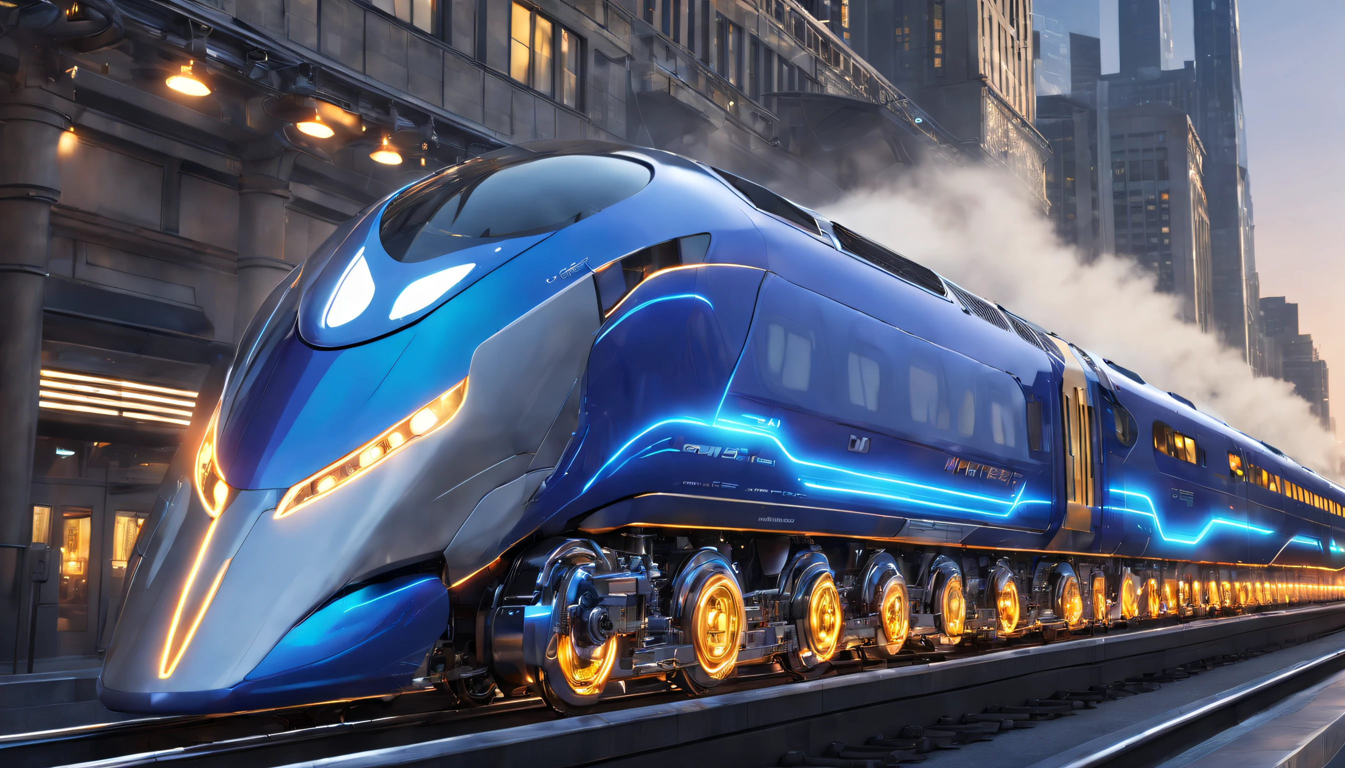 A transforming robot train with intricate details, realistic metallic textures, and vibrant colors. High-quality rendering (best quality, 4k, 8k, highres, masterpiece:1.2), ultra-detailed, and physically-based rendering for a photorealistic look. The train is showcased in a dynamic action pose, with smoke billowing from its exhaust pipes. The train's exterior features a combination of sleek curves and sharp edges, with LED lights illuminating its path. The train is set against a futuristic cityscape, with towering skyscrapers and neon lights casting a vibrant glow. The overall color palette is dominated by metallic silver and electric blue hues. The scene is bathed in a warm, golden light, adding a sense of warmth and depth to the image.