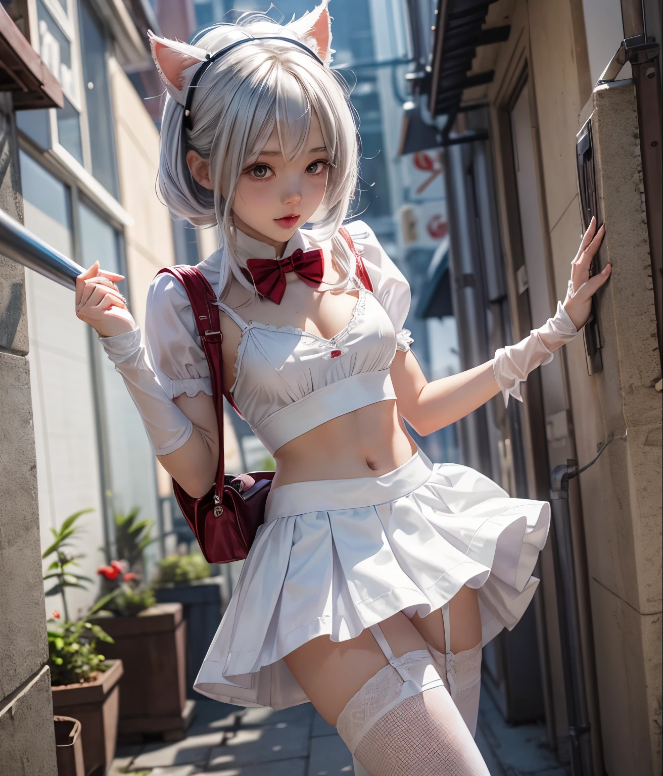 there is a woman in a white dress with a spider - man costume on, white skirt and barechest, cosplay of a catboy! maid! dress, wearing white skirt, dressed as schoolgirl, small curvy , cute schoolgirl, wearing skirt, touching her clothes, belly button showing, anime girl in a maid costume, japanese girl school uniform