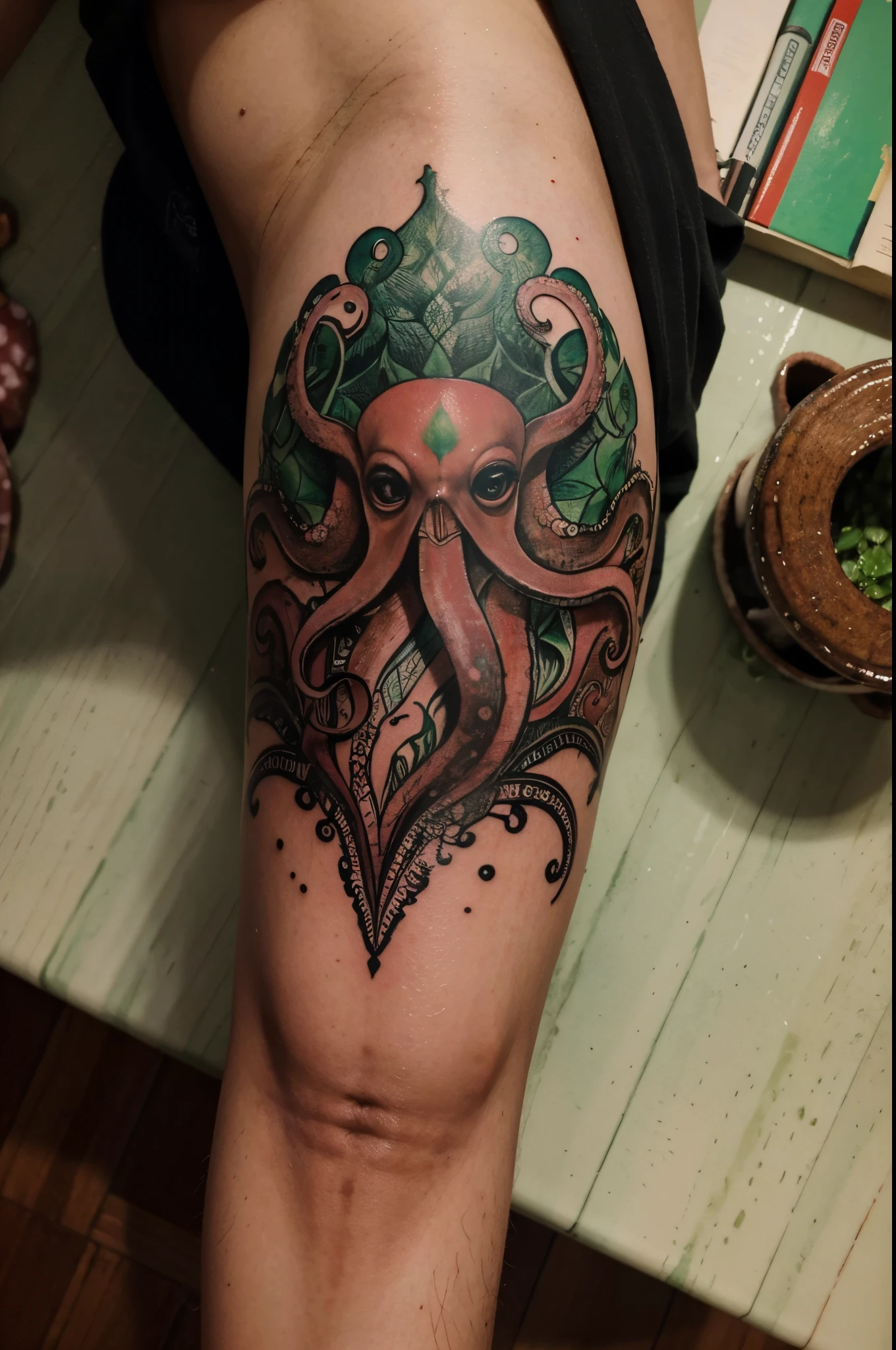 there is an octopus involving the financial market, fibonacci ratio that has and has the colors green, vermelho, branco e preto feito em aquarela e nanquim, CGSeteration backarm tattoo, No estilo de arte de Quetzecoatl,