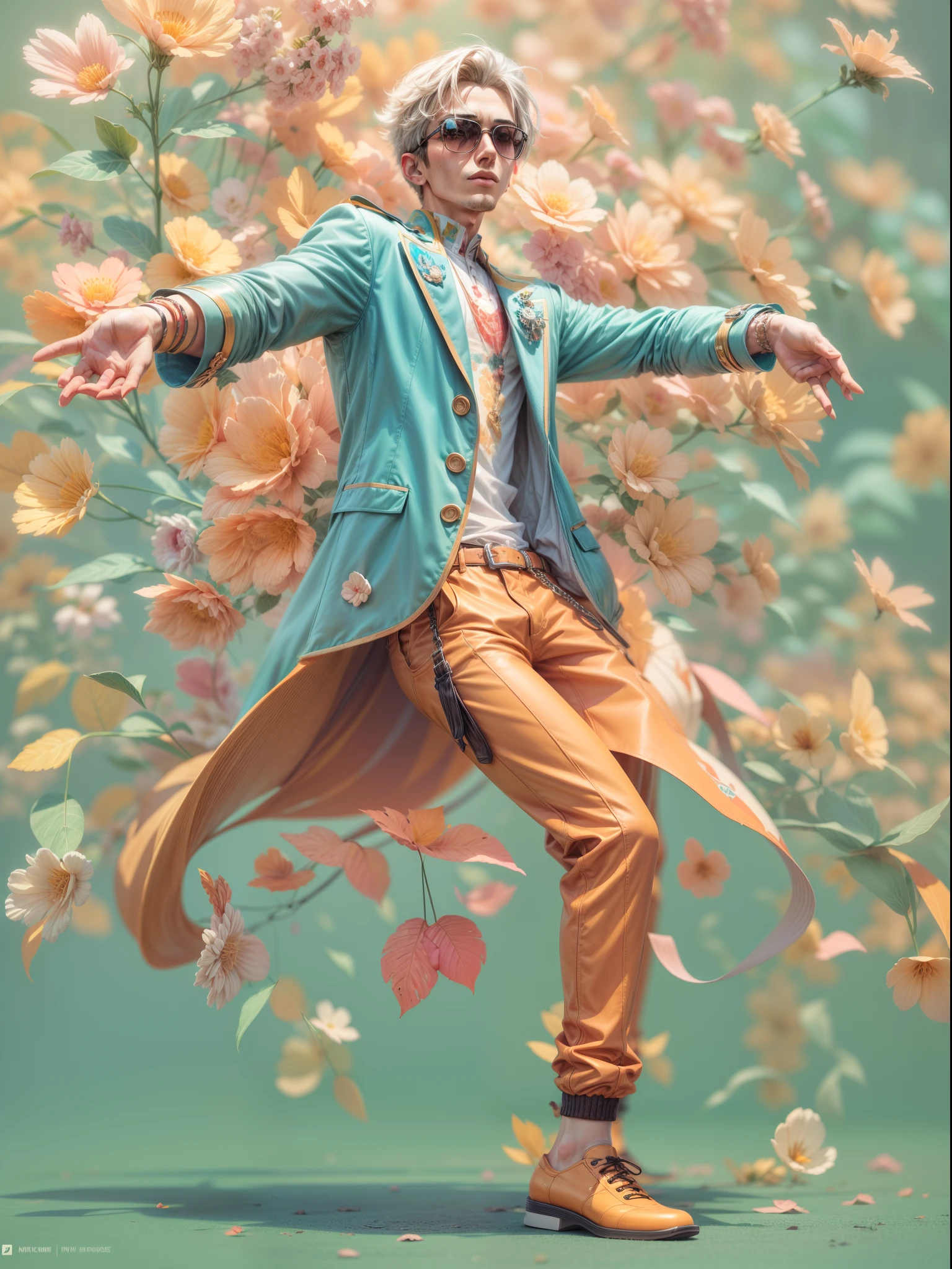 a man, in a dynamic pose wearing an expensive and fashionable outfit, designed by Gucci::3, tumblr, inspired by Yanjun Cheng style, digital art, internet boy lofi meme, trend in dezeen, catalog photo, 3 d render beeple, rhads and lois van baarle, cartoon style illustration, bright pastel colors, a beautiful art illustration, retro anime boy --ar 2:3 --q 2